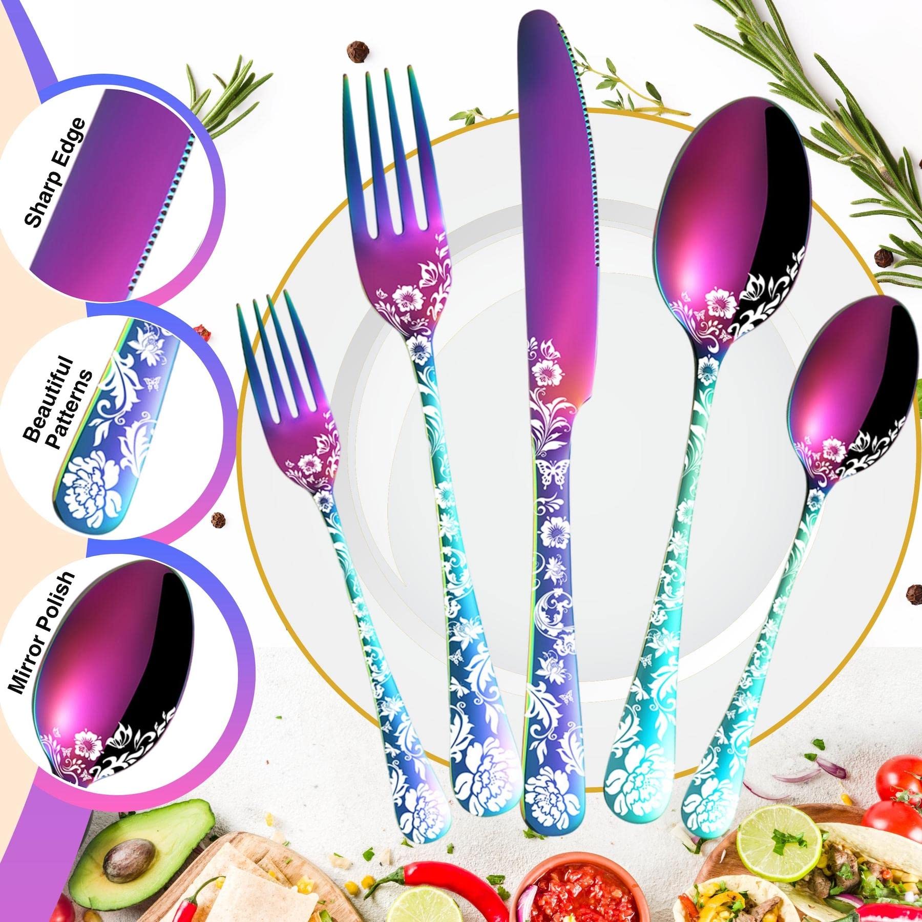 Vilihkc 20 piece Peony Flower Pattern Design Silverware Set, Stainless Steel Flatware Set Service for 4,Colorful Cutlery Set, Mirror Polished Utensil Set for Kitchen, Dishwasher Safe