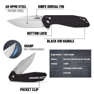 CJRB CUTLERY Folding Knife Riff (J1928) Button Lock Pocket Knife for Men AR-RPM9 Steel Blade and Black G10 Handle for Work Outdoor Hinking Camping