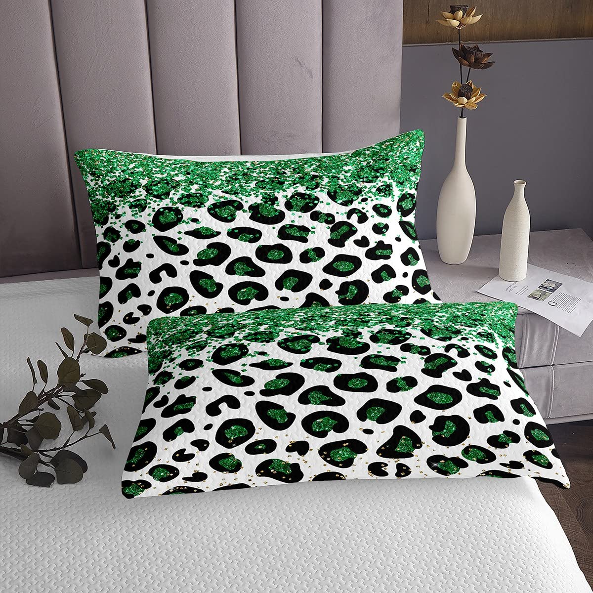 Feelyou Leopard Bed Sheet Set Cheetah Bedding Set Glitter Pattern Fitted Sheet Green Pastel Flat Sheet for Kids Boys Girls Adults (No Glitter) 4Pcs with 2 Pillow Case Full Size