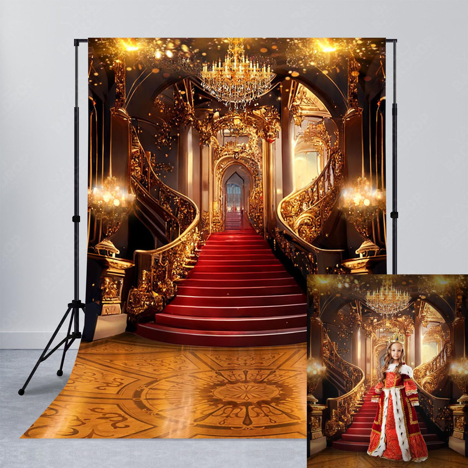 Avezano Red Carpet Backdrop Golden Palace Backdrop Gorgeous European Castle Background for Photography Wedding Birthday Ceremony Night Stage Prom Party Video Props 5x7ft