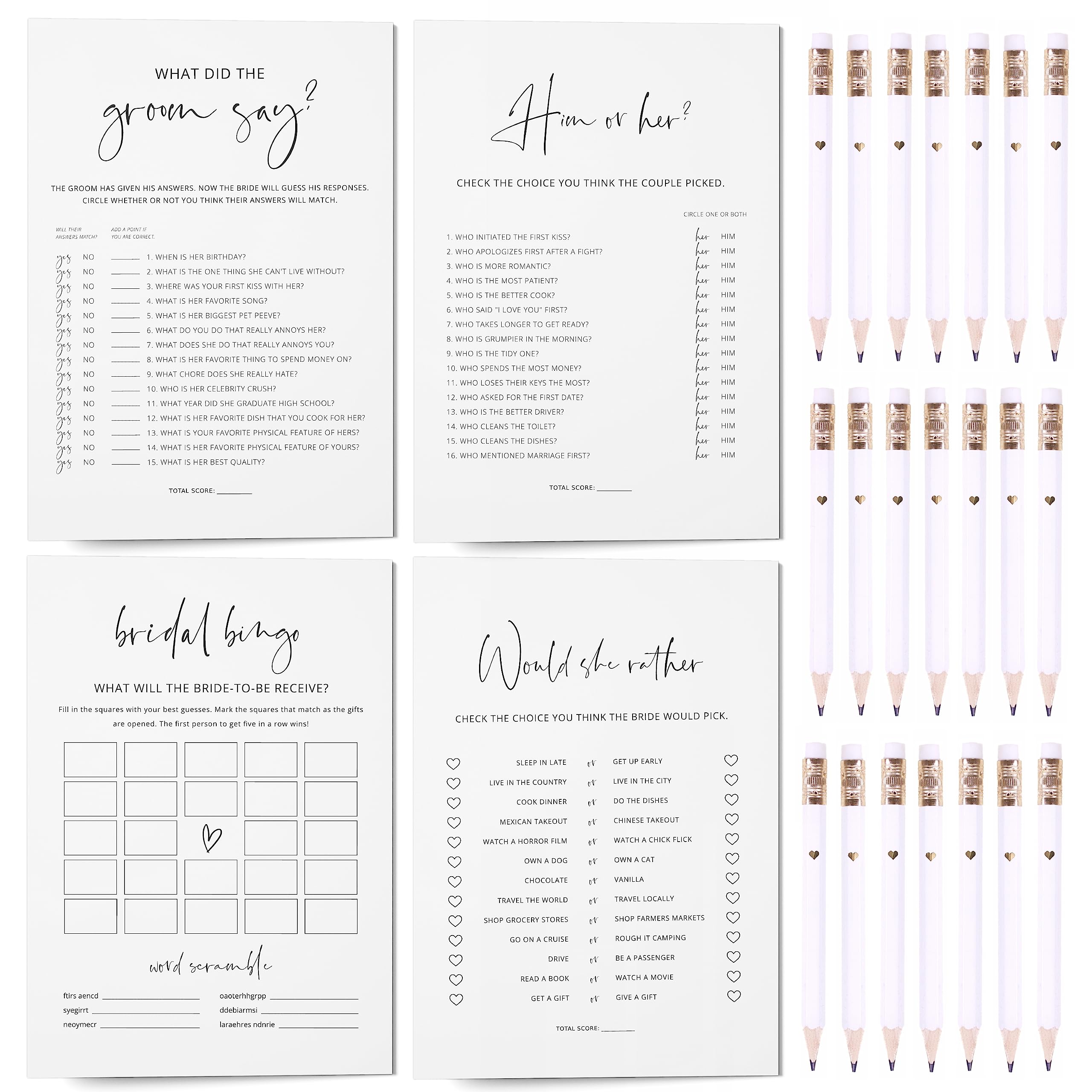 Bridal Shower Games Bundle - 5 Bridal Shower Games for 30 Guests, 30 Bridal Shower Pencils - Double-Sided Cards - Bridal Shower Decorations, Wedding Shower Games - Minimalist