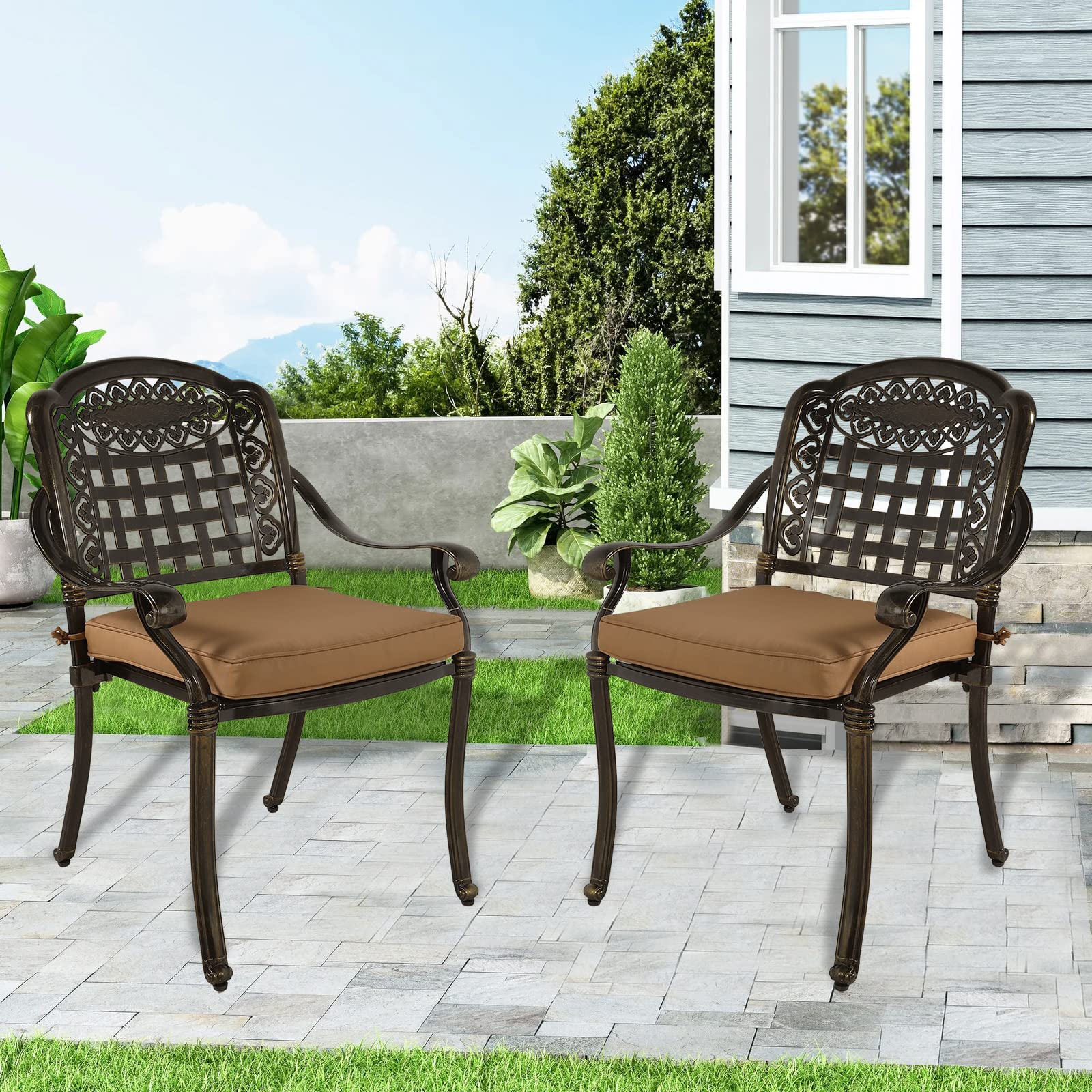 W WARMHOL Cast Aluminum Outdoor Dining Chair Set of 2, Bistro Dining Chair Set with Extra Wide Seat and Cushion for Patio Furniture Garden Deck Backyard