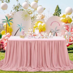 14FT Dusty Rose Chiffon Table Skirt Sheer Rectangle Tablecloth for Wedding 1st Baby Girl Birthday Party Bridal Shower Decoration