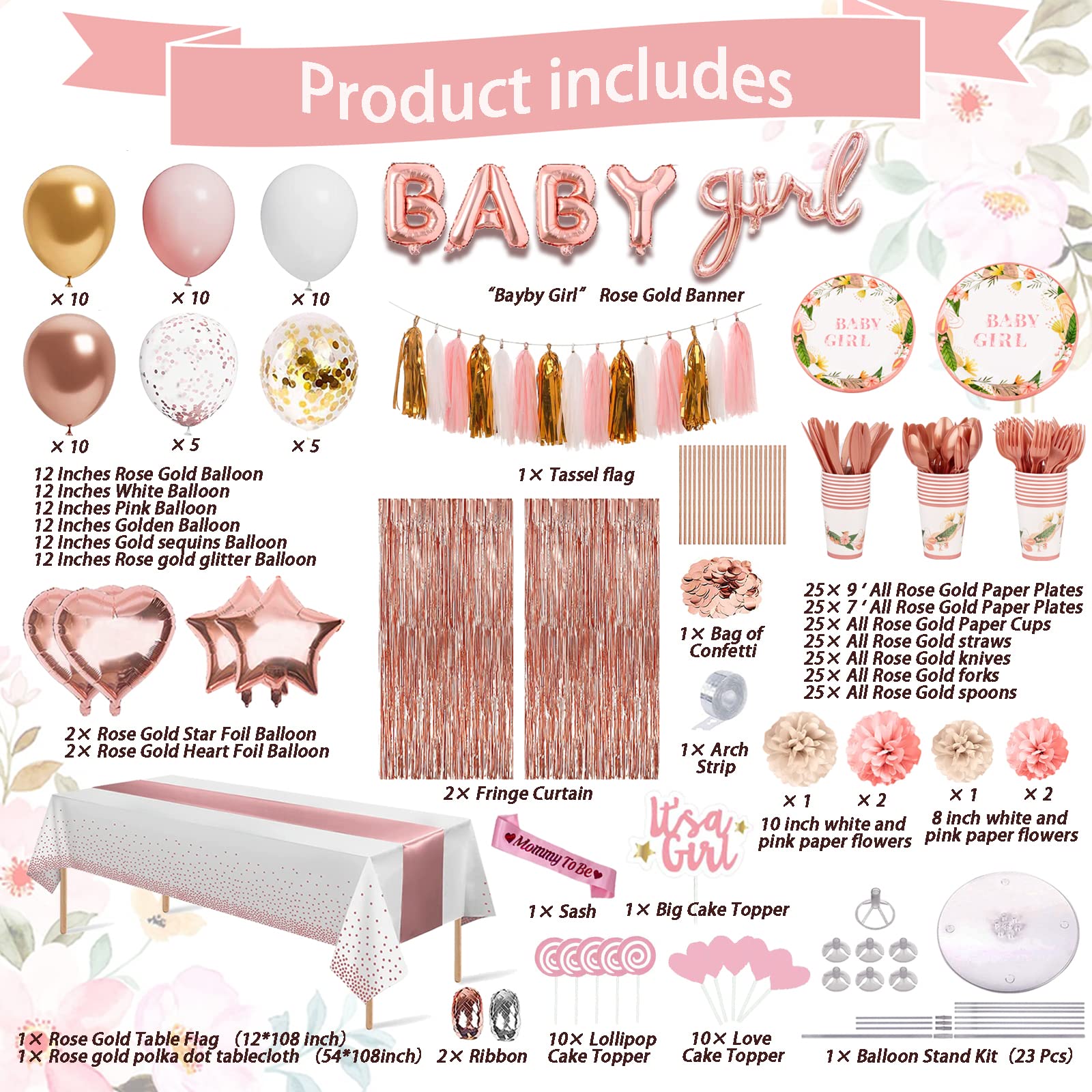 Guudmua 303 Pcs Baby Shower Decorations For Girl, Girl Baby Shower Decorations Kits - Disposable Dinnerware Set With Pink Rose Gold Floral (25 Guest), "BABY girl" Banner, Balloon, Sash, Cake Topper