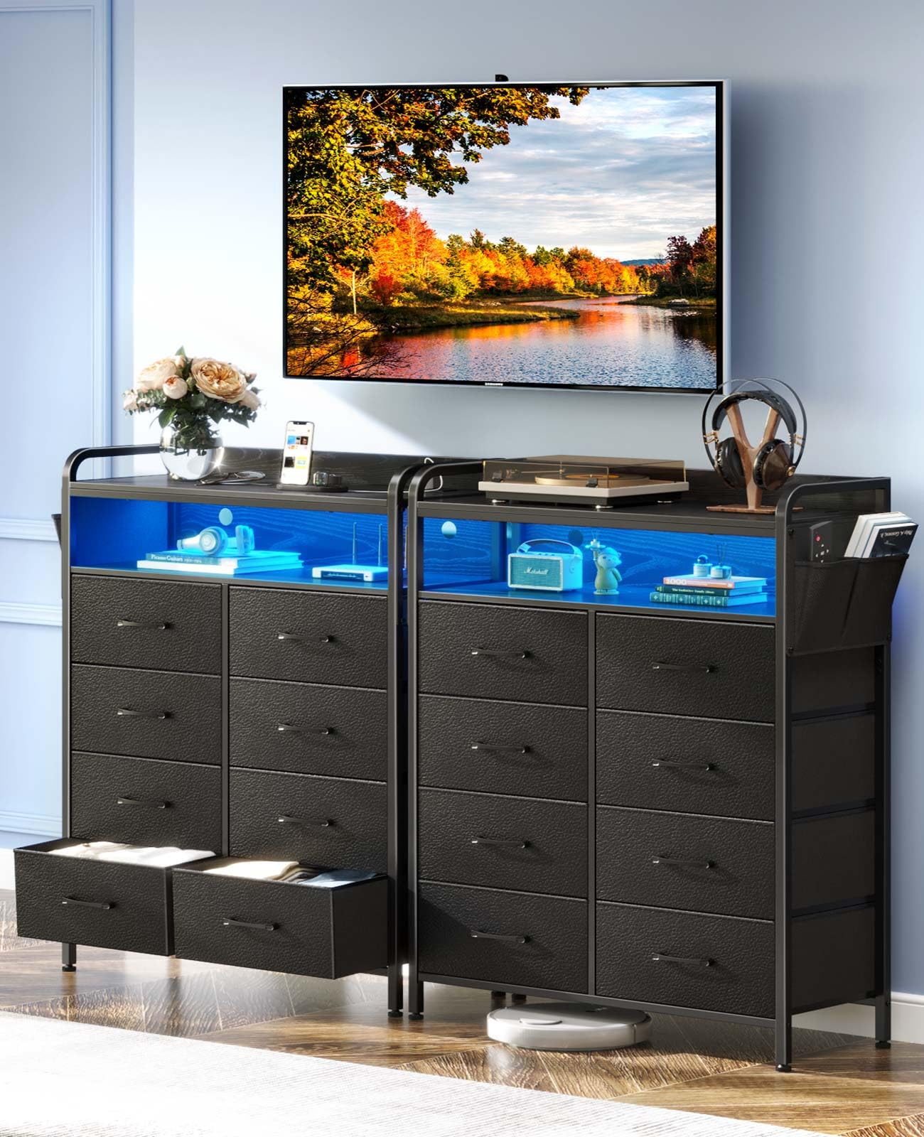 Rolanstar Dresser with Power Outlets and LED Lights, 8 Drawers Dresser with Side Pockets, Fabric Chest of Drawers with PU Finish, Tall Dresser with Sturdy Frame & Wood Top for Bedroom, Black