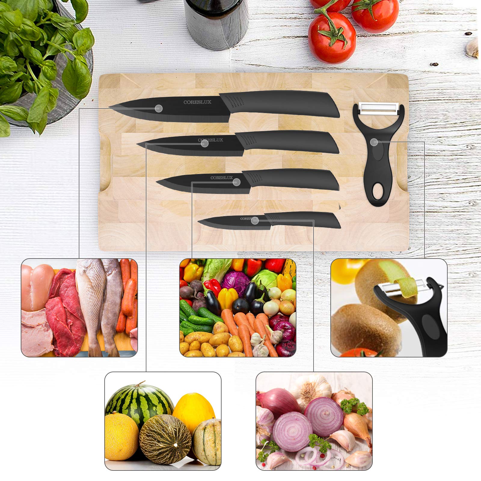 Ceramic Knife Set with Holder, Five Pieces 6"Chef Knife, 5"Utility Knife, 4"Fruit Knife, 3"Paring Knife, 1''Fruit Peeler, Rust Proof & Stain Resistant, Ceramic Kitchen Chef Knife Sharp Set (Black)