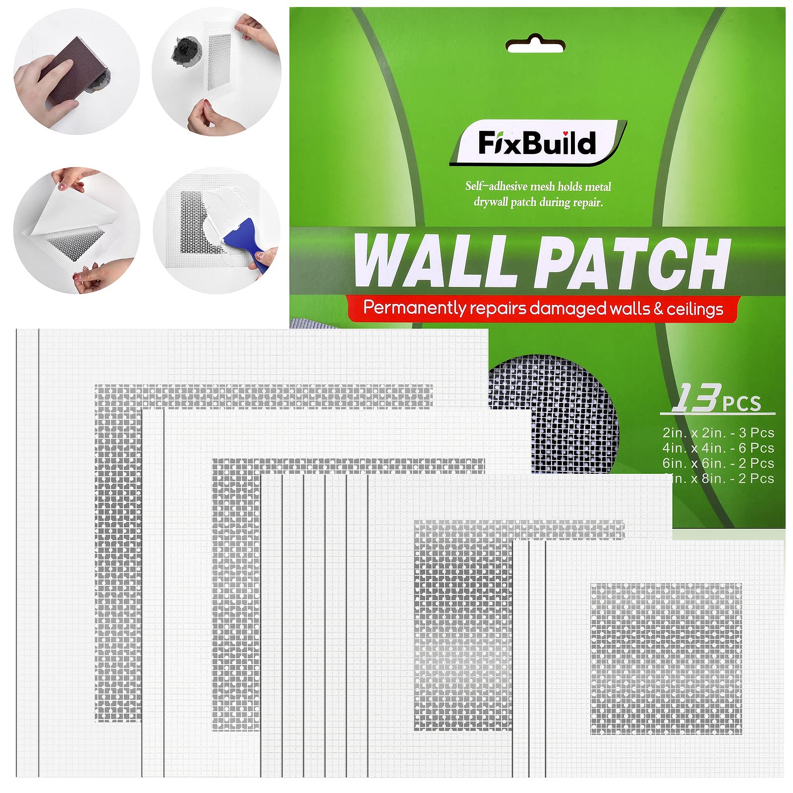 FixBuild Drywall Repair Patch Kit, 13 Piece Aluminum Wall Repair Patch Kit, 2/4/6/8 inch Aluminum Drywall Patch, Quick Fix Plaster Wall