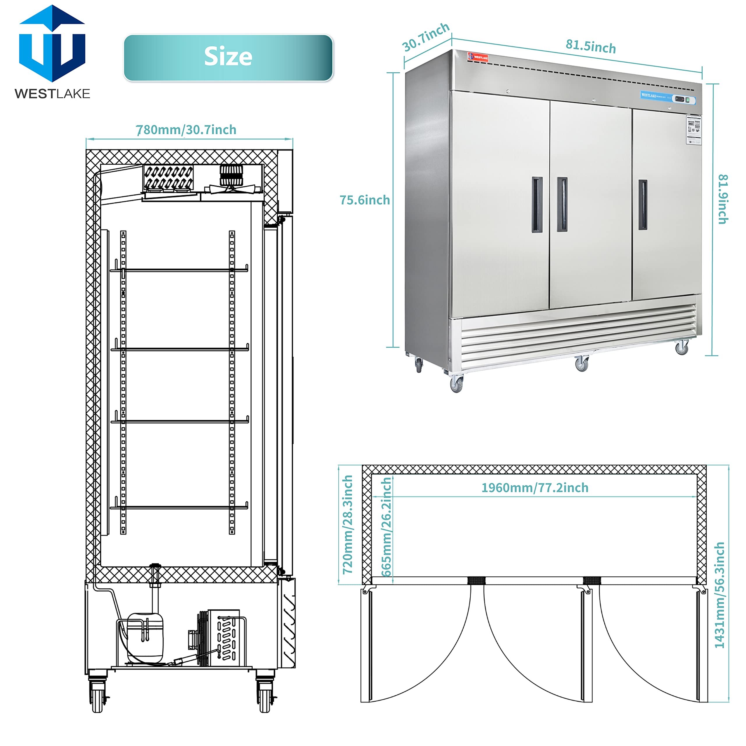 WESTLAKE 82" W Commercial Refrigerator 3 door 3 Section Stainless Steel Reach in Solid door Upright Fan Cooling 72 Cu.ft Cooler for Restuarant, Bar, Shop, etc