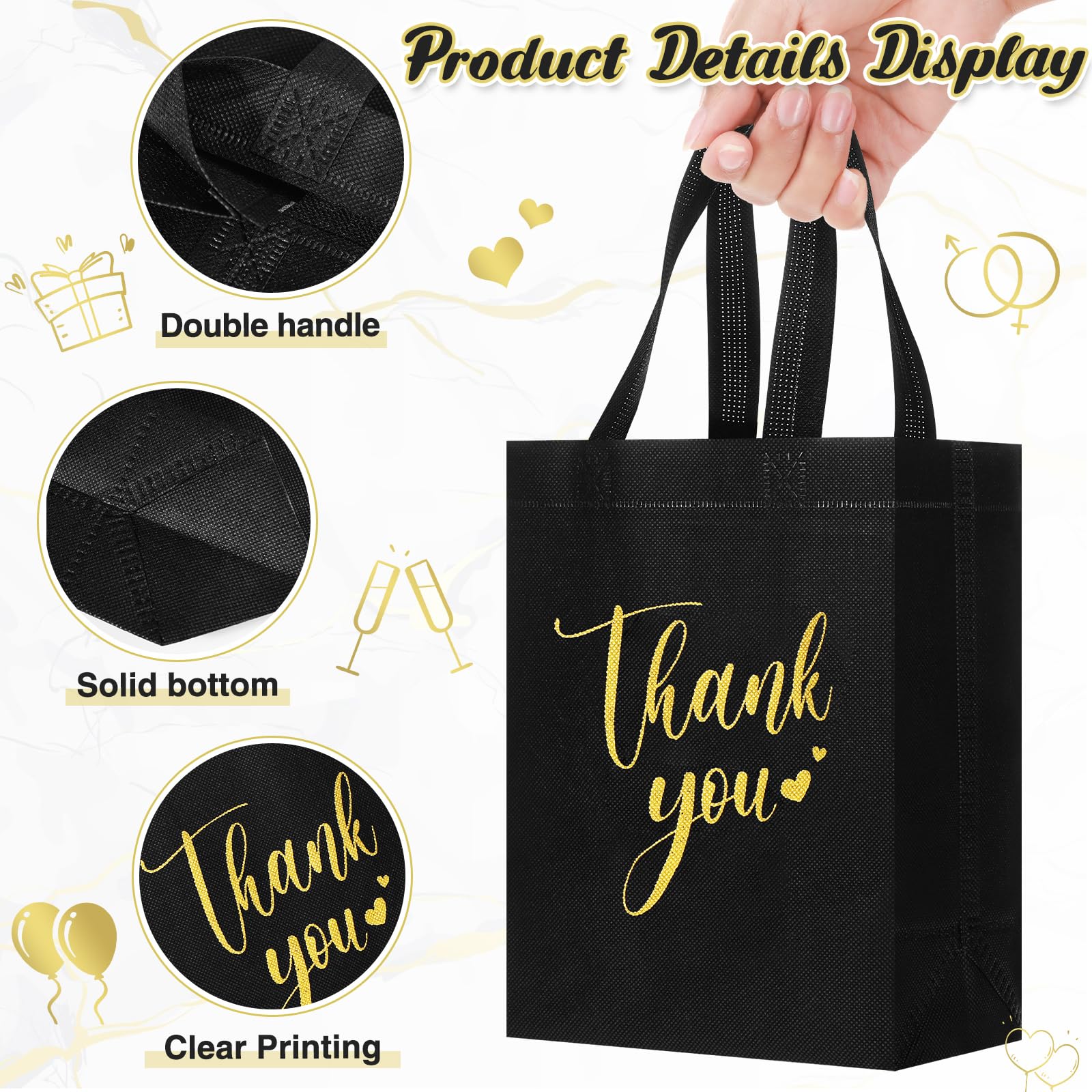 Sweetude 30 Pcs Chrismas Thank You Gift Bags with Handles Bulk Reusable Goodie Bag Non Woven Foldable Bag for Graduation Wedding Bridesmaid Gifts(10 x 8 x 4 Inch,Black)