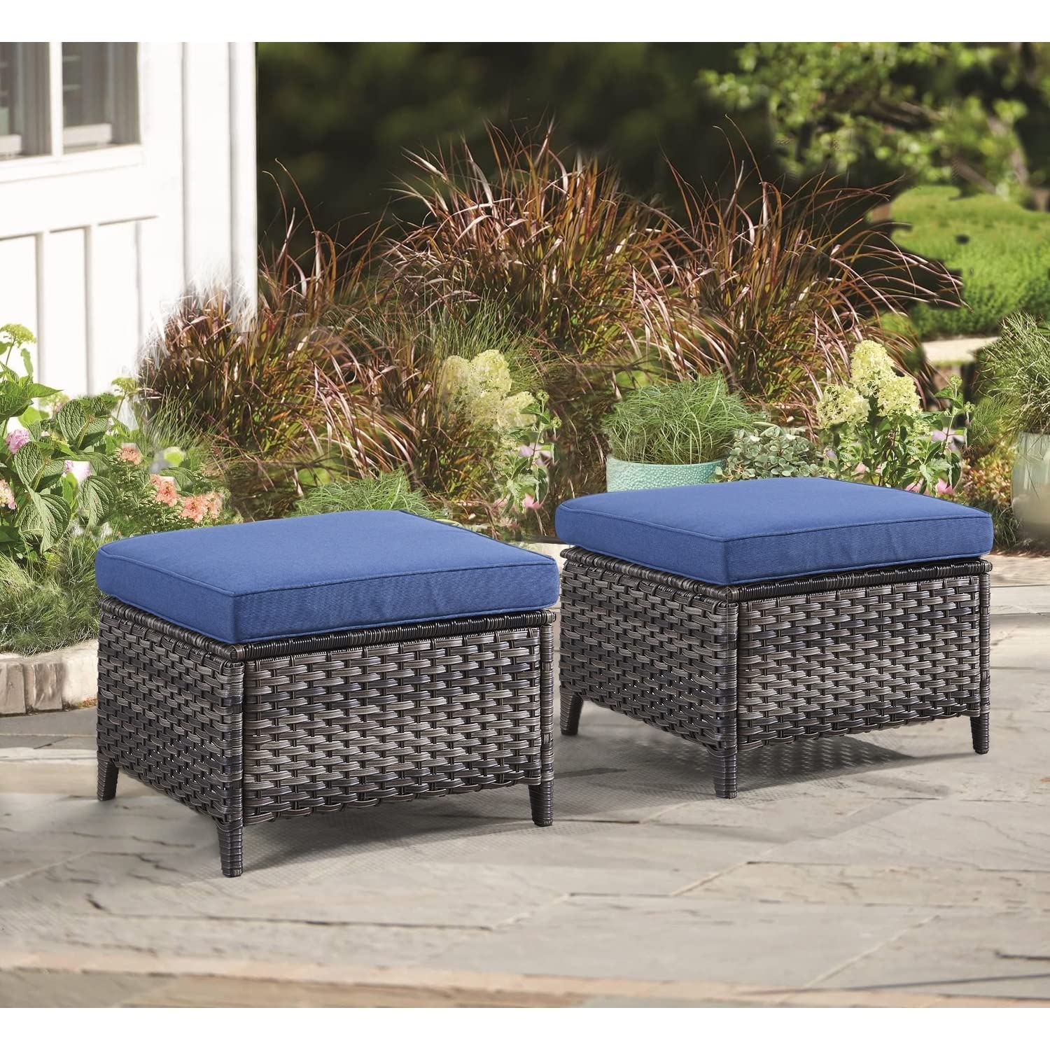 Outdoor Rattan Ottomans Wicker with Blue Cushion (Set of 2) Black Modern Contemporary Square Steel Ottoman Included