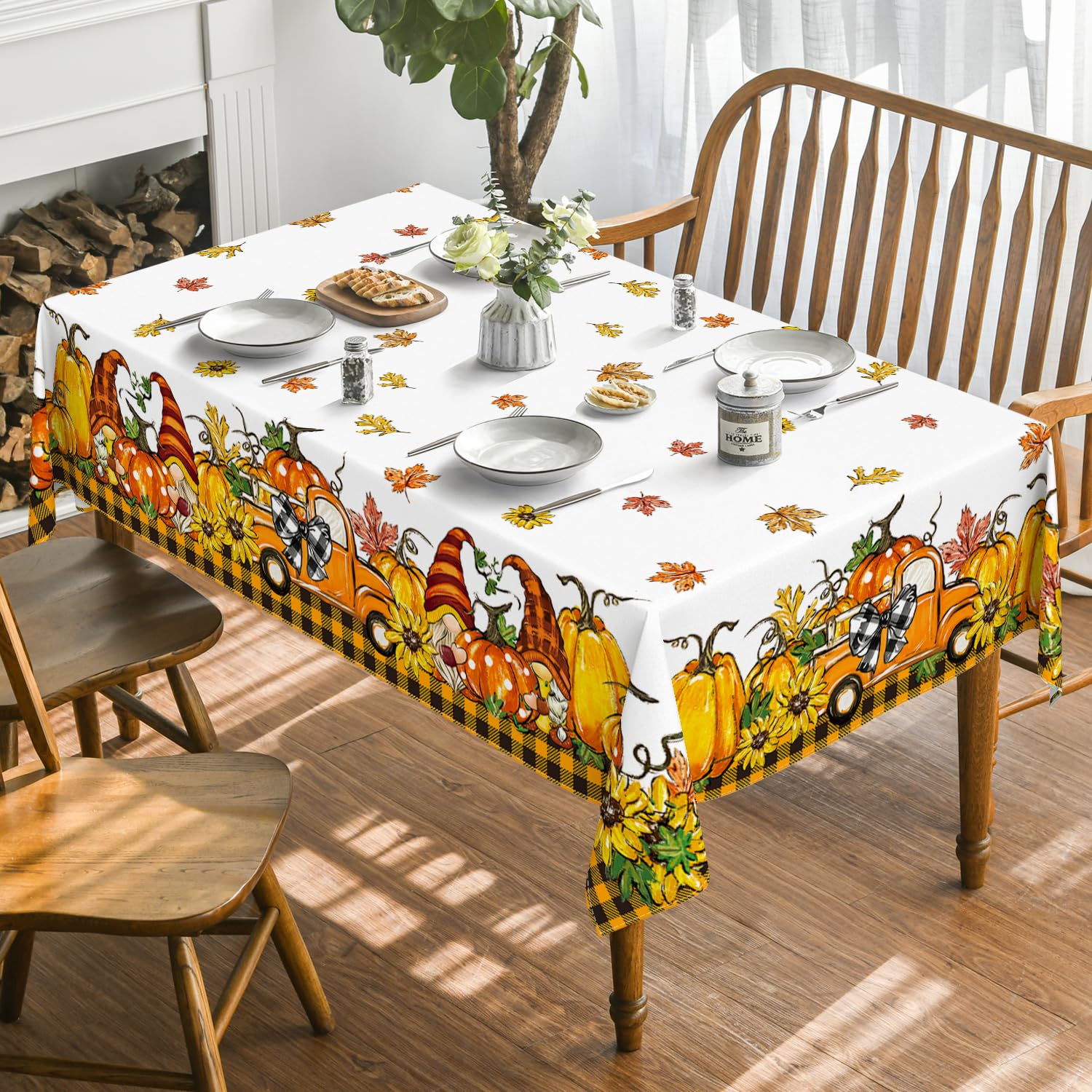 Horaldaily Fall Tablecloth 60x84 Inch Rectangular, Thanksgiving Autumn Harvest Orange Truck Gnome Pumpkin Buffalo Plaid Table Cover for Party Picnic Dinner Decor