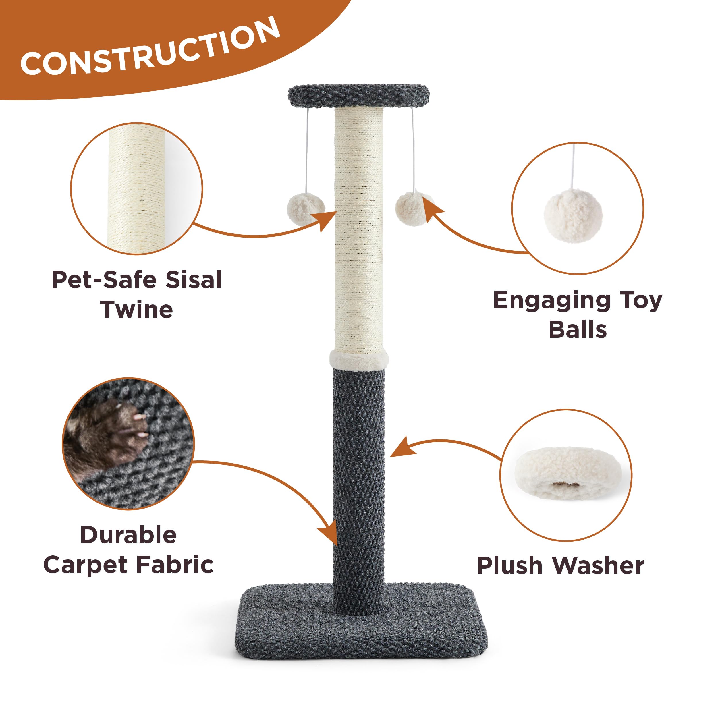 Lesure 34" Tall Cat Scratching Post - Highly Resistant Carpet Scratch Post, Premium Sisal Rope Scratch Posts Kitten and Adult Cats, Sturdy Large Scratch Pole with Hanging Ball, Grey