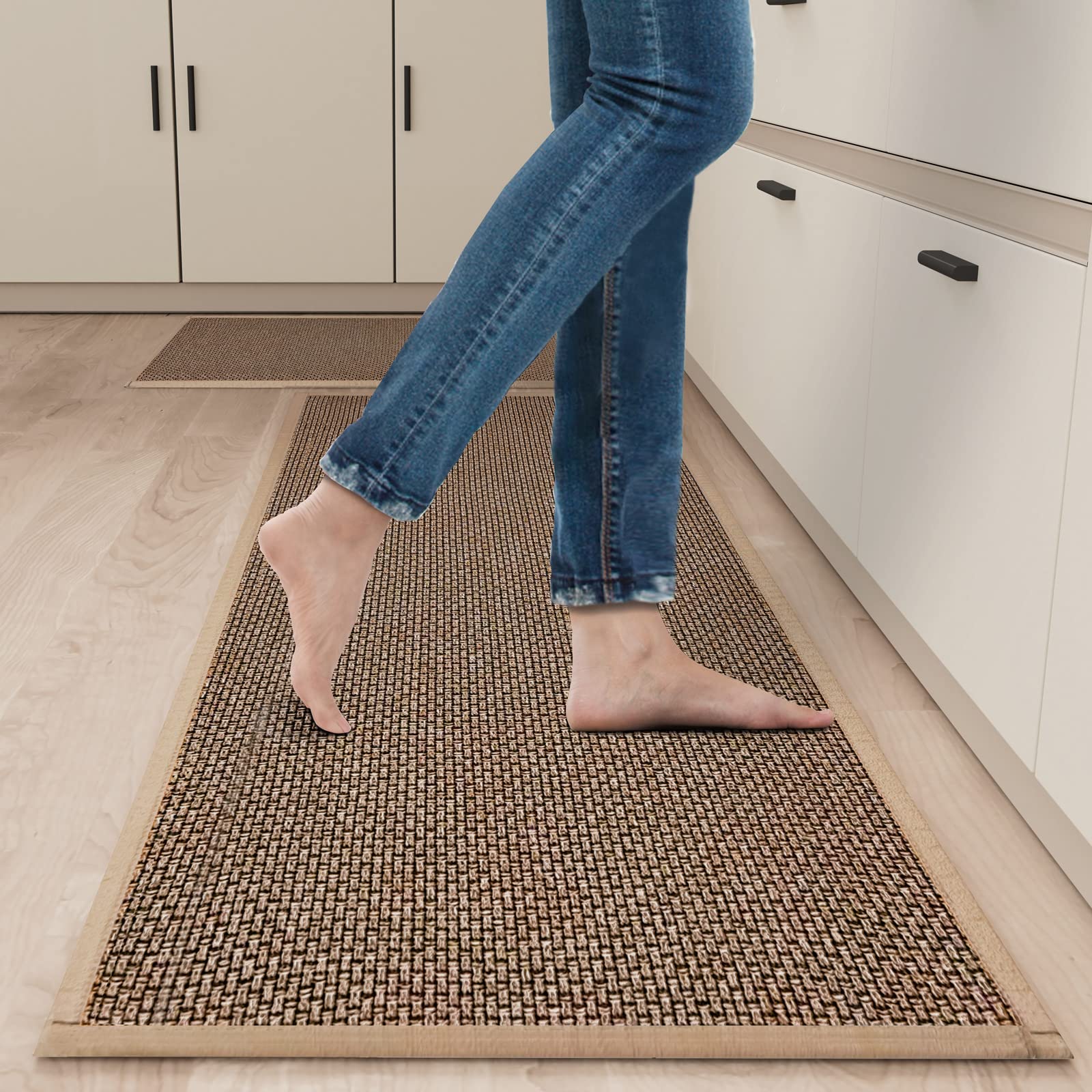 SUMLANS Kitchen Mat Set of 2 PCS, Cushioned Non Slip Rugs for Kitchen Floor, Absorbent Runner Comfort Standing Mats Washable for Kitchen, Office, Home (Brown, 17.3"x47"+17.3"x30")