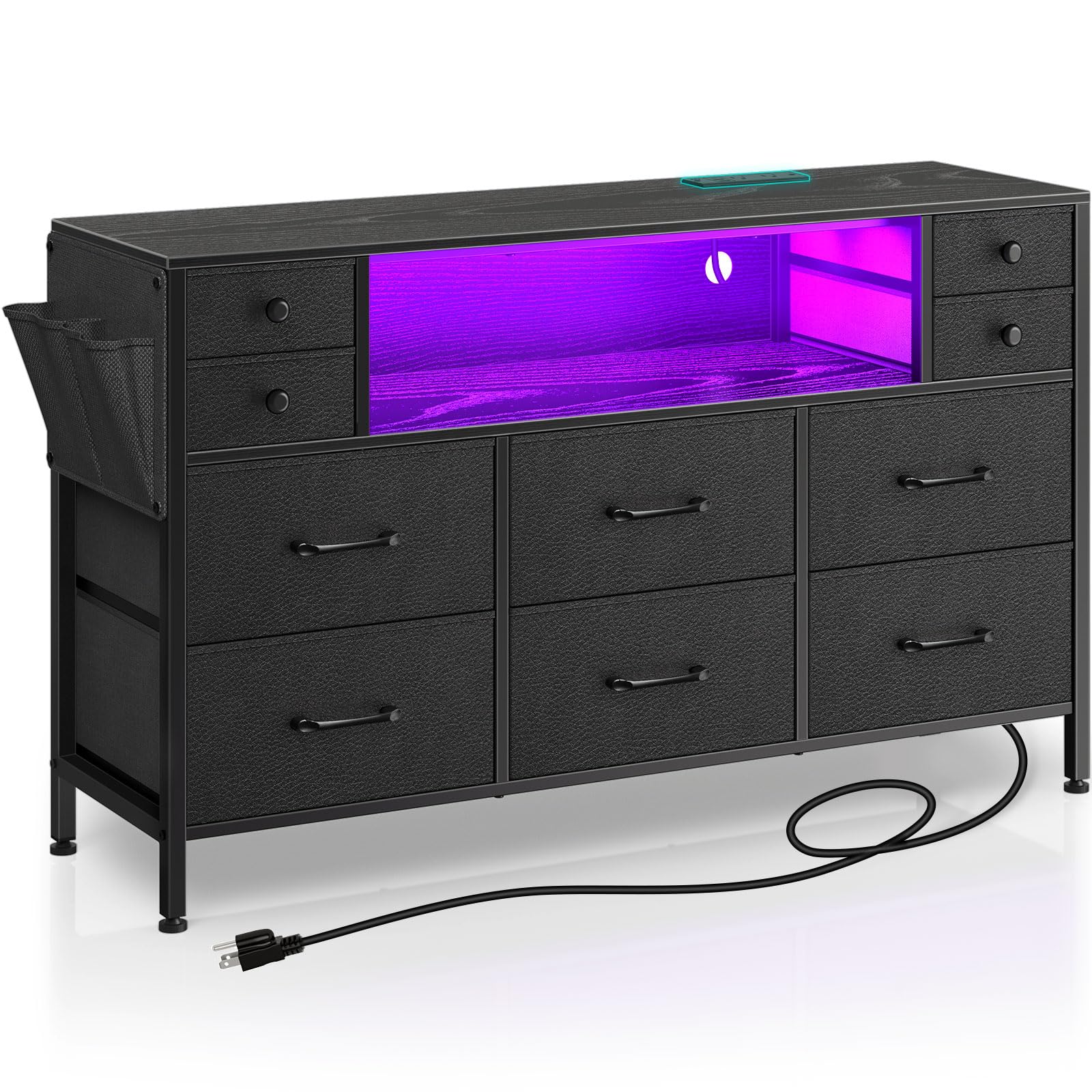 Rolanstar Dresser for Bedroom with LED Lights and Power Outlets, 55" TV Stand with 10 Drawers, Fabric Chest of Drawers with Side Pocket, PU Finish, Sturdy Frame & Wood Top, Black