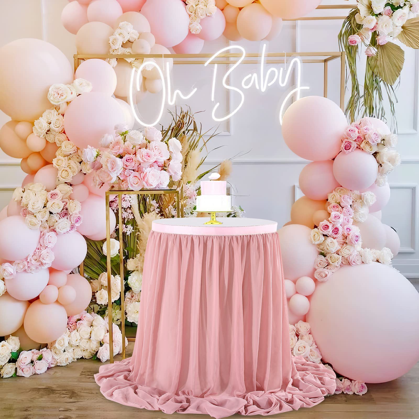 14FT Dusty Rose Chiffon Table Skirt Sheer Rectangle Tablecloth for Wedding 1st Baby Girl Birthday Party Bridal Shower Decoration