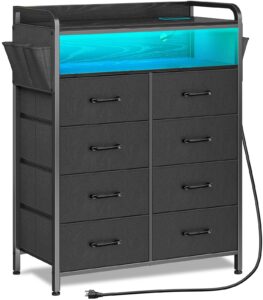 rolanstar dresser with power outlets and led lights, 8 drawers dresser with side pockets, fabric chest of drawers with pu finish, tall dresser with sturdy frame & wood top for bedroom, black