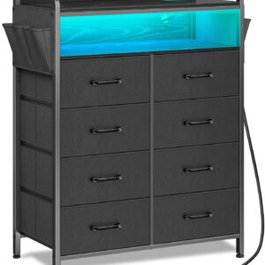 Rolanstar Dresser with Power Outlets and LED Lights, 8 Drawers Dresser with Side Pockets, Fabric Chest of Drawers with PU Finish, Tall Dresser with Sturdy Frame & Wood Top for Bedroom, Black