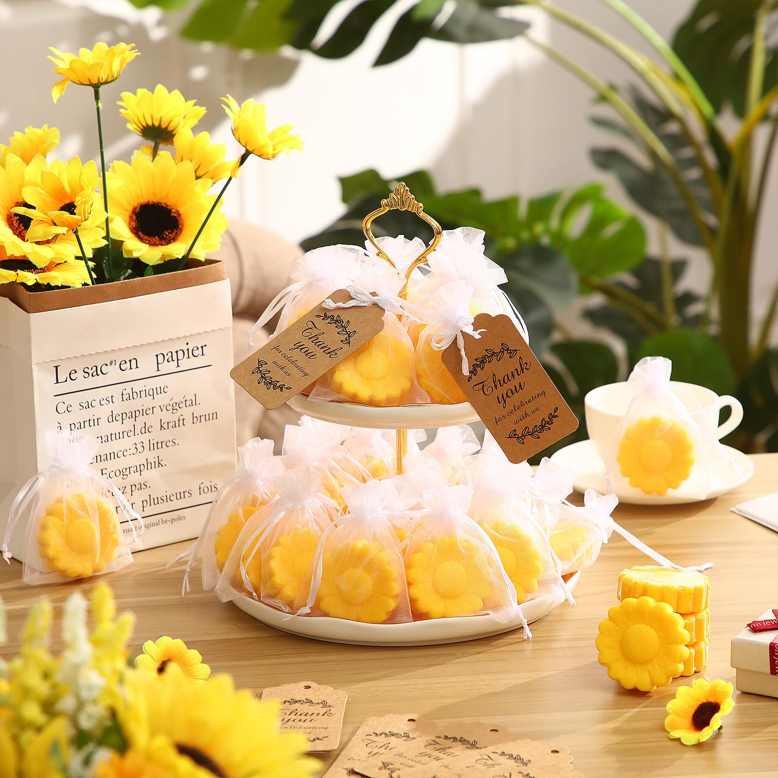 Buryeah 48 Set Sunflower Style Mini Soap for Wedding Party Favors Bridal Shower Baby Shower Guests Keepsake Mothers Day Gifts Cute Handmade Soap with Thank You Card and Organza Bags (Yellow)