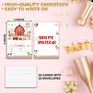 Chuxvon Farm Birthday Party Invitations, Barn Animals Birthday Invitation, Double-Sided Fill In Invites, Barnyard Birthday Party Decorations, 20 Cards With 20 Envelopes(D07)