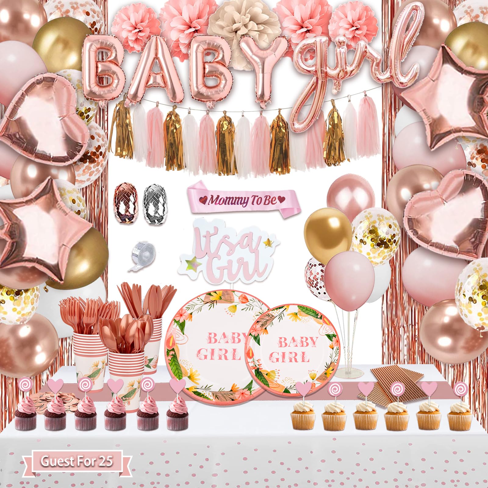 Guudmua 303 Pcs Baby Shower Decorations For Girl, Girl Baby Shower Decorations Kits - Disposable Dinnerware Set With Pink Rose Gold Floral (25 Guest), "BABY girl" Banner, Balloon, Sash, Cake Topper