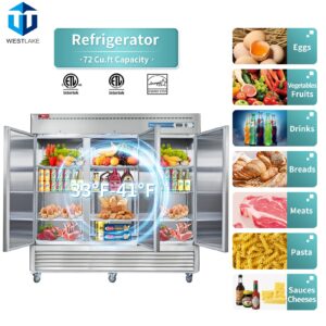 WESTLAKE 82" W Commercial Refrigerator 3 door 3 Section Stainless Steel Reach in Solid door Upright Fan Cooling 72 Cu.ft Cooler for Restuarant, Bar, Shop, etc