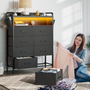 Rolanstar Dresser with Power Outlets and LED Lights, 8 Drawers Dresser with Side Pockets, Fabric Chest of Drawers with PU Finish, Tall Dresser with Sturdy Frame & Wood Top for Bedroom, Black