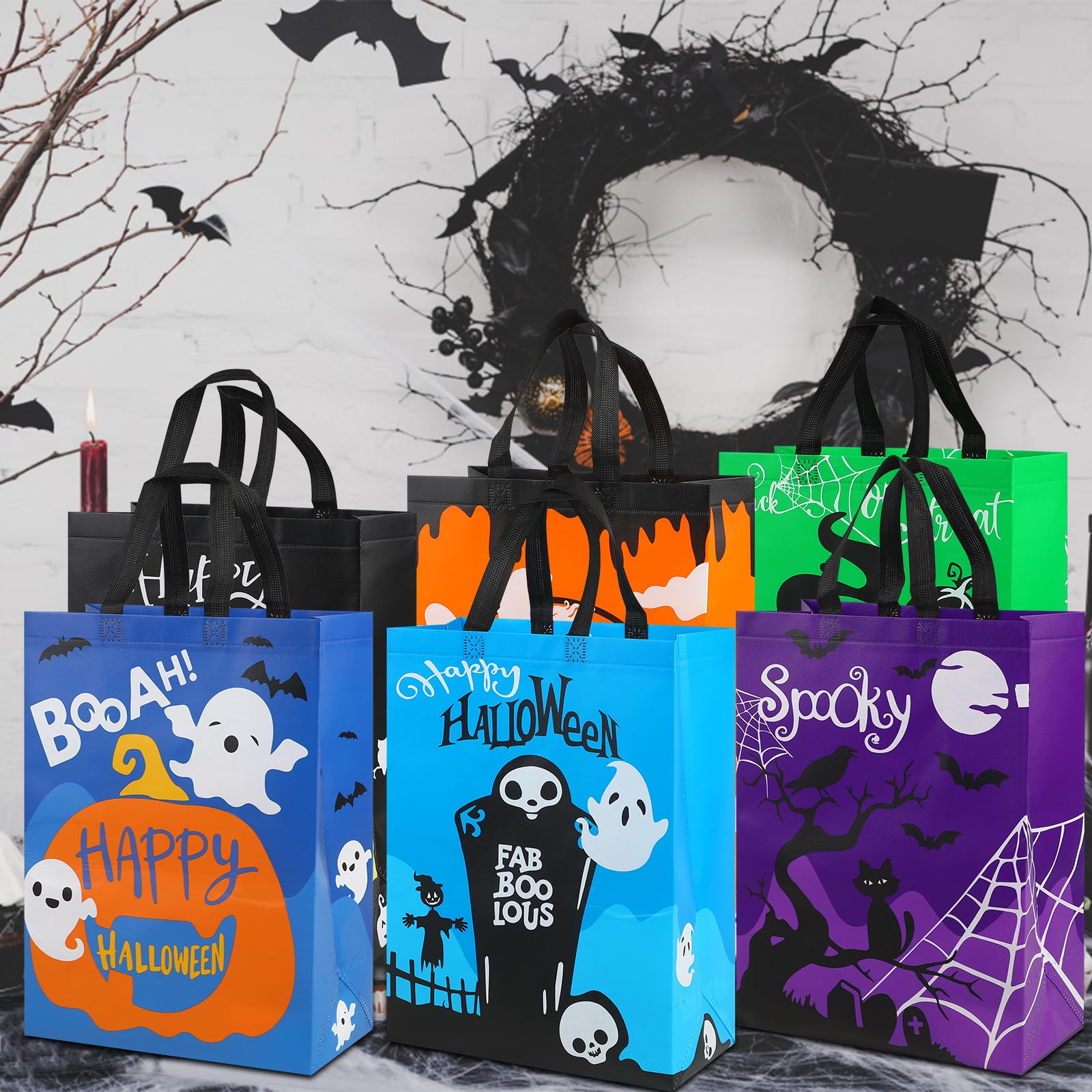 CCINEE 12PCS Halloween Non-Woven Bags with Handle，Large Size Reusable Halloween Trick or Treat Tote Bags Candy Bag Grocery Shopping Bags for Halloween Party Favors Supplies，15.7"×11.8"×5.9"