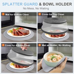 LekDrok 10 Inch Microwave Food Cover & Collapsible Silicone Mat - Splatter Guard, Plate Holder & Kitchen Colander for Meal Prep, Charcoal