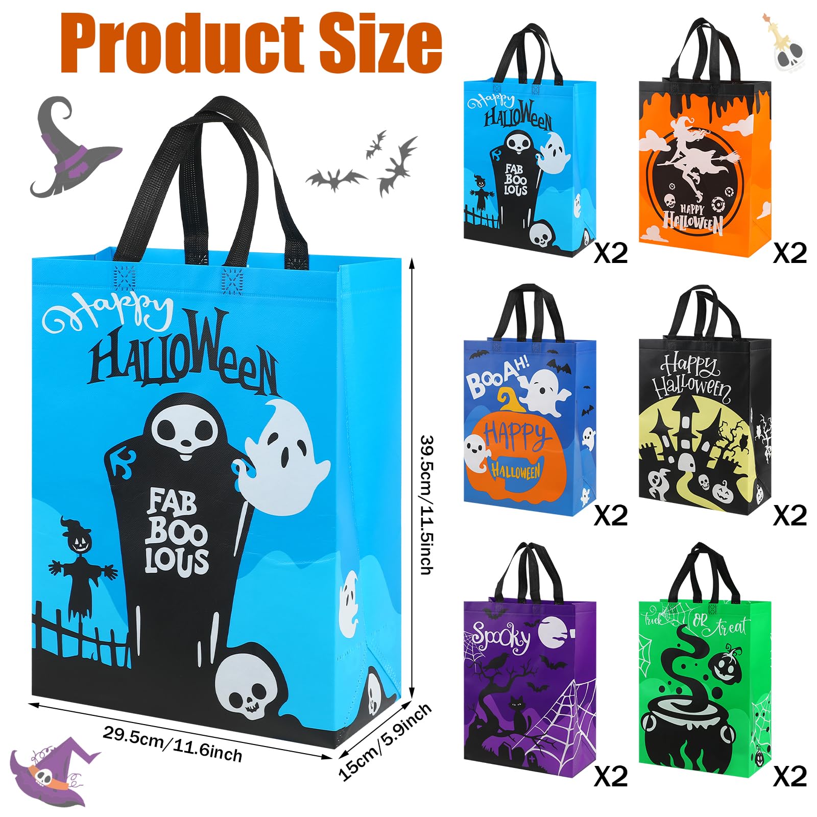 CCINEE 12PCS Halloween Non-Woven Bags with Handle，Large Size Reusable Halloween Trick or Treat Tote Bags Candy Bag Grocery Shopping Bags for Halloween Party Favors Supplies，15.7"×11.8"×5.9"