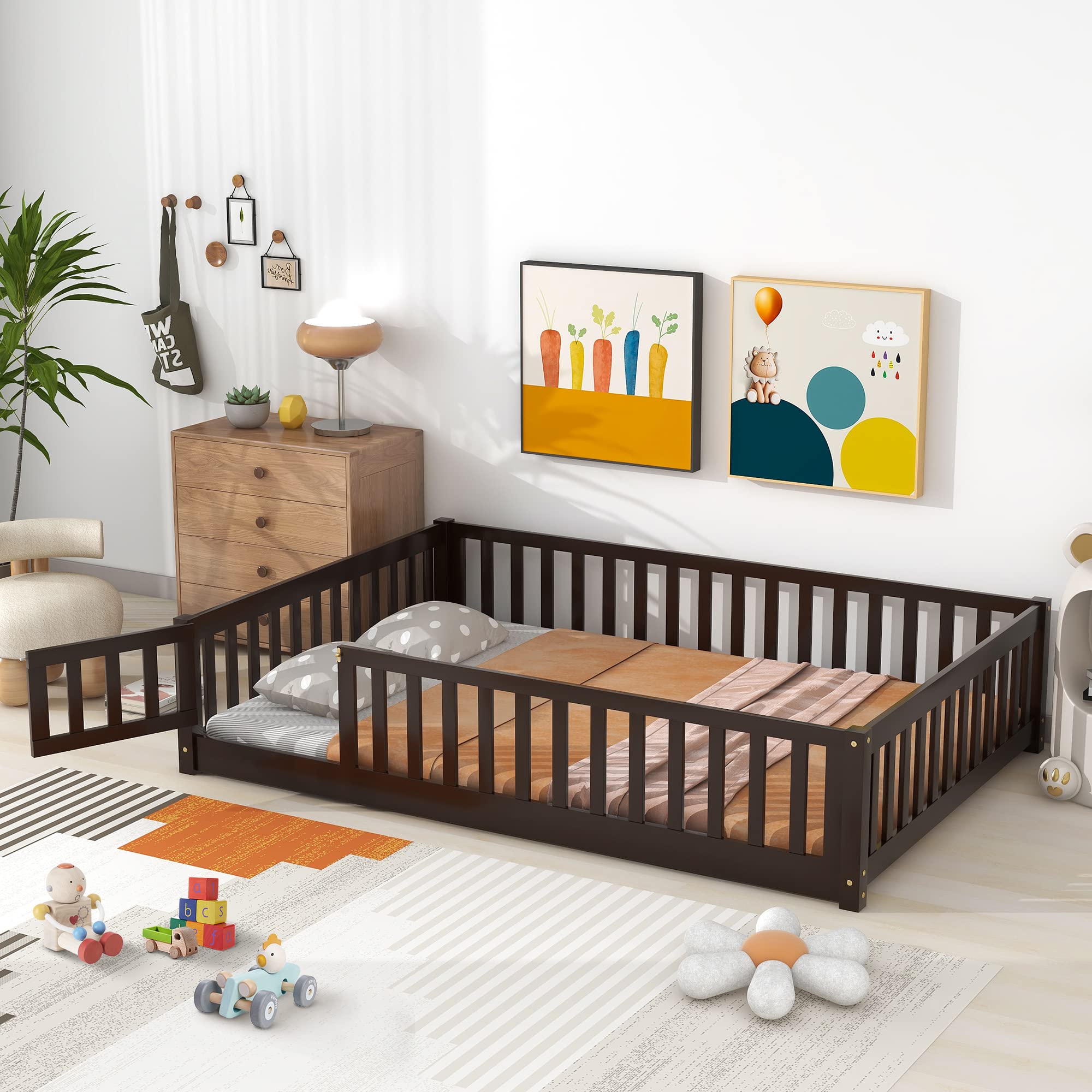 LLS Full Floor Bed for Children, Durable Montessori Floor Bed with Wood Slats, Safety Fence & Small Door, Wood Floor Bed Frame for Girls Boys Children, Espresso(with Bed Slats)