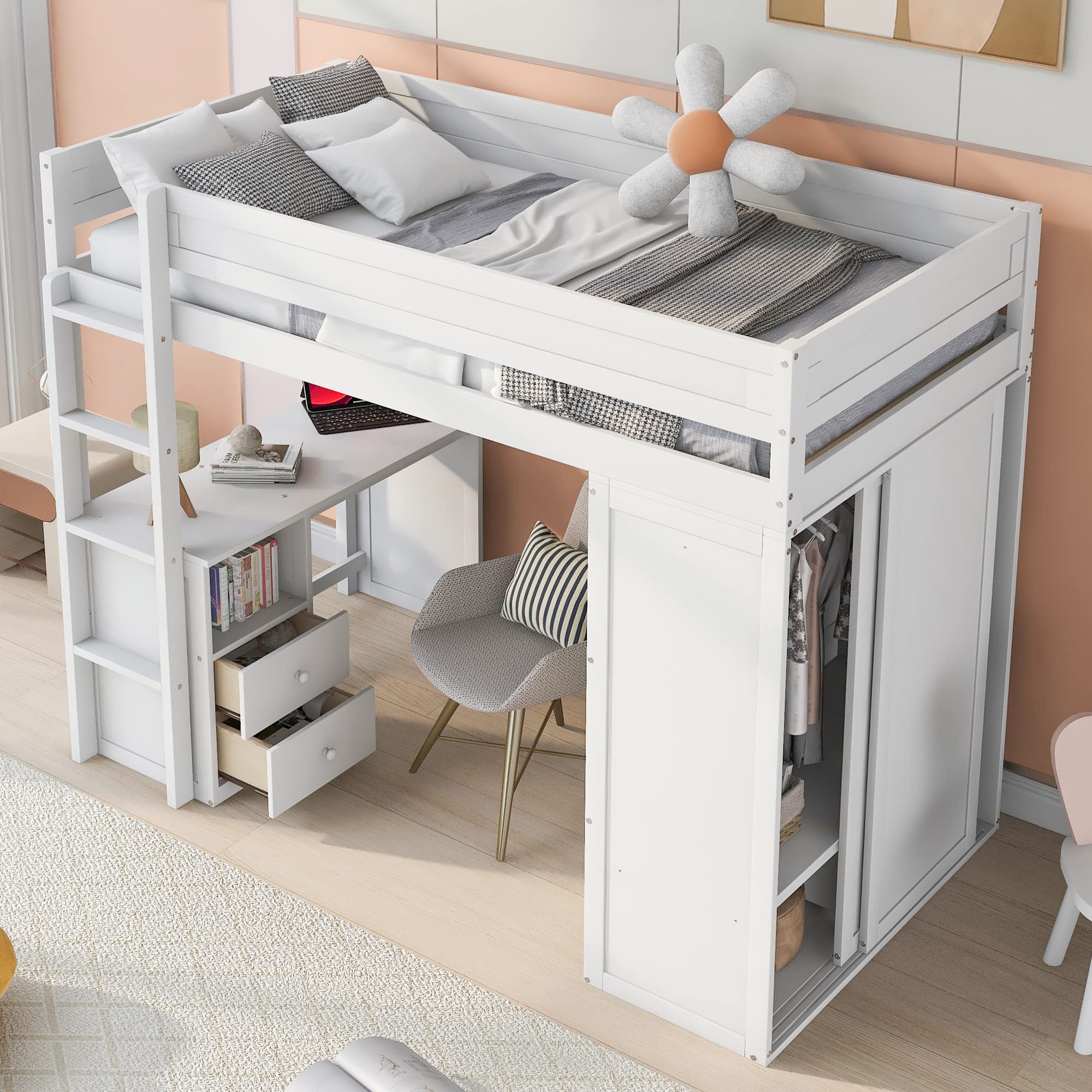 Harper & Bright Designs Twin Size Loft Bed with Desk and Wardrobe, Wooden Twin Loft Bed with 2 Storage Drawers Cabinet, Twin Bedframe for Kids, Teens, Adults Boys & Girls (Loft Bed Twin, White)