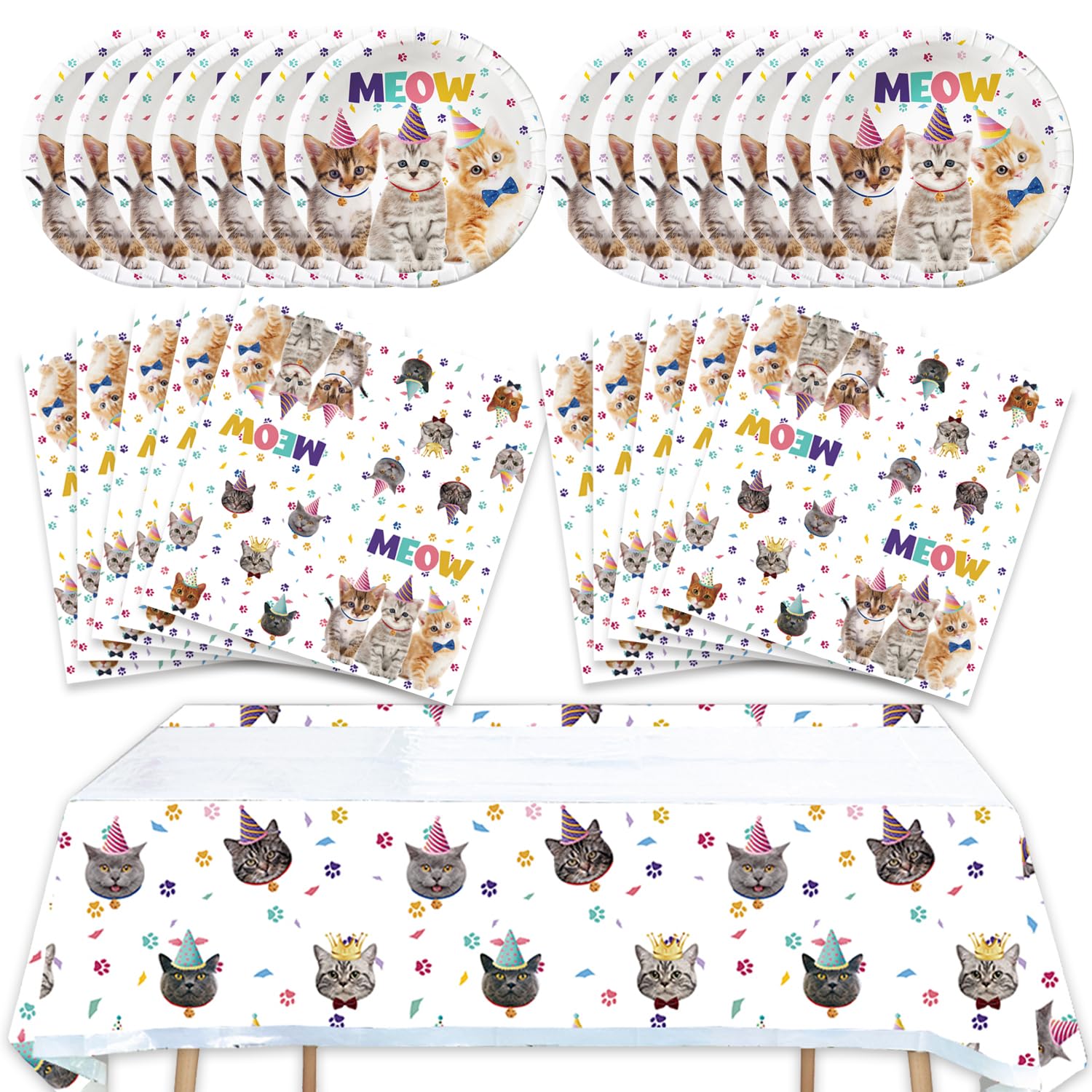 41pcs Cat Party Supplies ,include 20 Plates, 20 Napkin and 1pcs Tablecloth,Used for Birthday Party Decoration (Cat EEE)