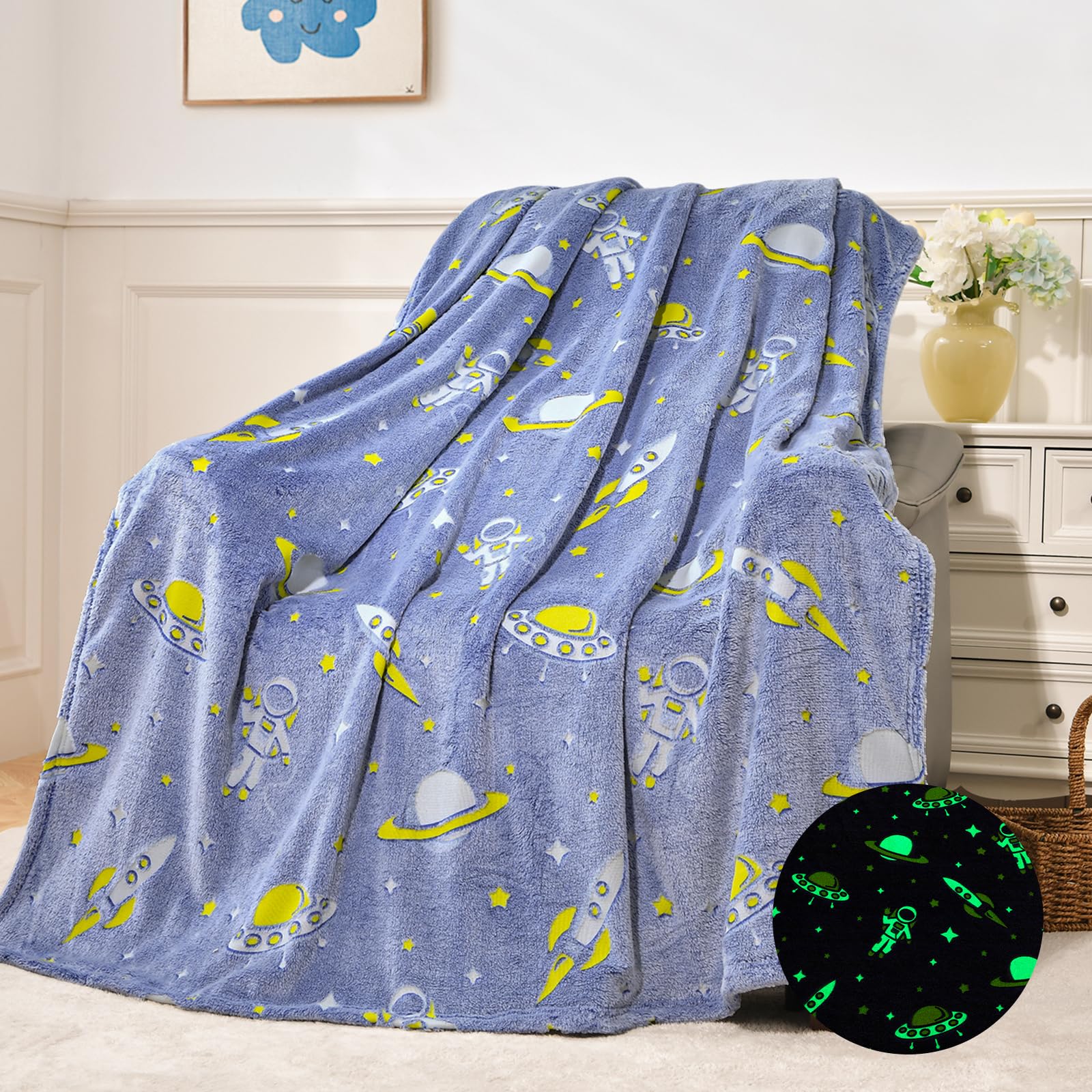 QSTEHEML Glow in The Dark Blanket,Galaxy Blanket Gift for Boys Age 3 4 5 6 7 8 9 10 11 12 Year Old, Space Throw Blanket for Kids Boys- Christmas Birthday Bedroom Decor 50"×60"