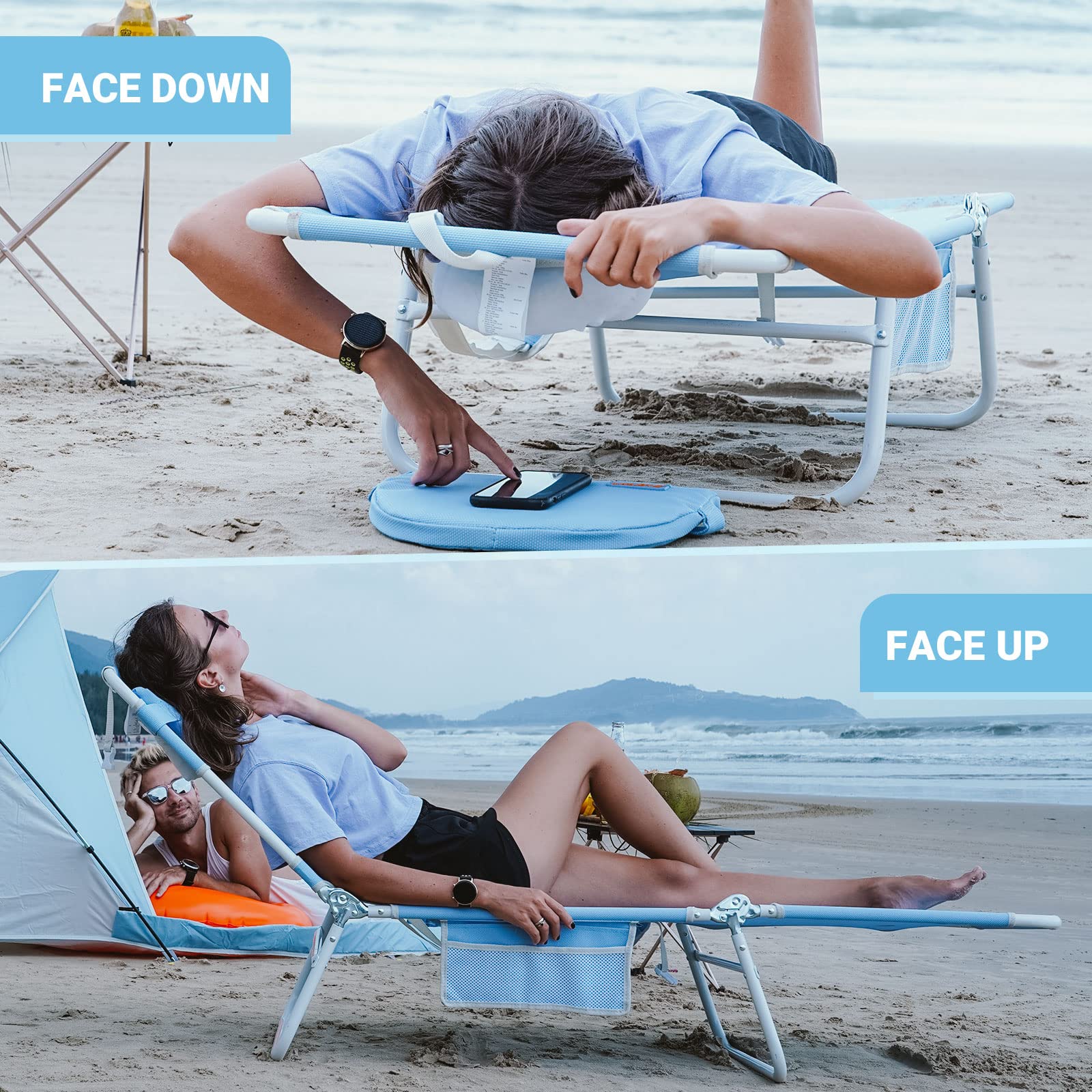 #WEJOY 2 Pack Beach Chaise Lounge Outdoor Lounge Chair with Face Hole Tanning Chair Lightweight Folding Reclining Beach Chair+Removable Pillow for Sunbathing,Patio,Indoor，Pool,Lawn,Backyard