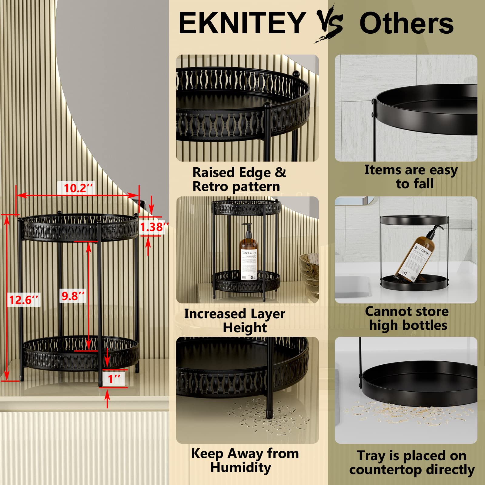 EKNITEY Bathroom Tray Organizer Counter - 2 Tier Countertop Organizers for Makeup Vanity Skincare Perfume Cosmetics (Black)