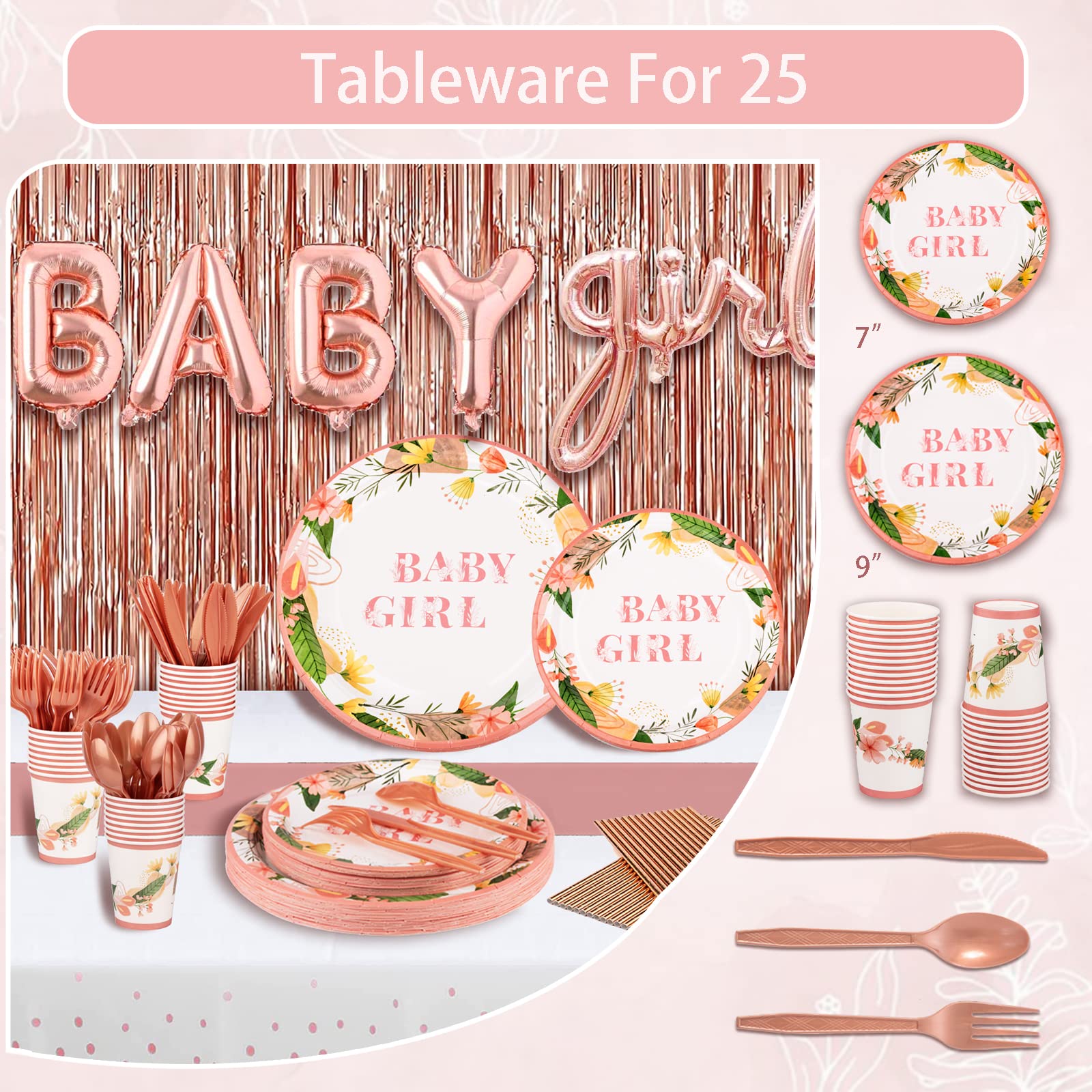 Guudmua 303 Pcs Baby Shower Decorations For Girl, Girl Baby Shower Decorations Kits - Disposable Dinnerware Set With Pink Rose Gold Floral (25 Guest), "BABY girl" Banner, Balloon, Sash, Cake Topper