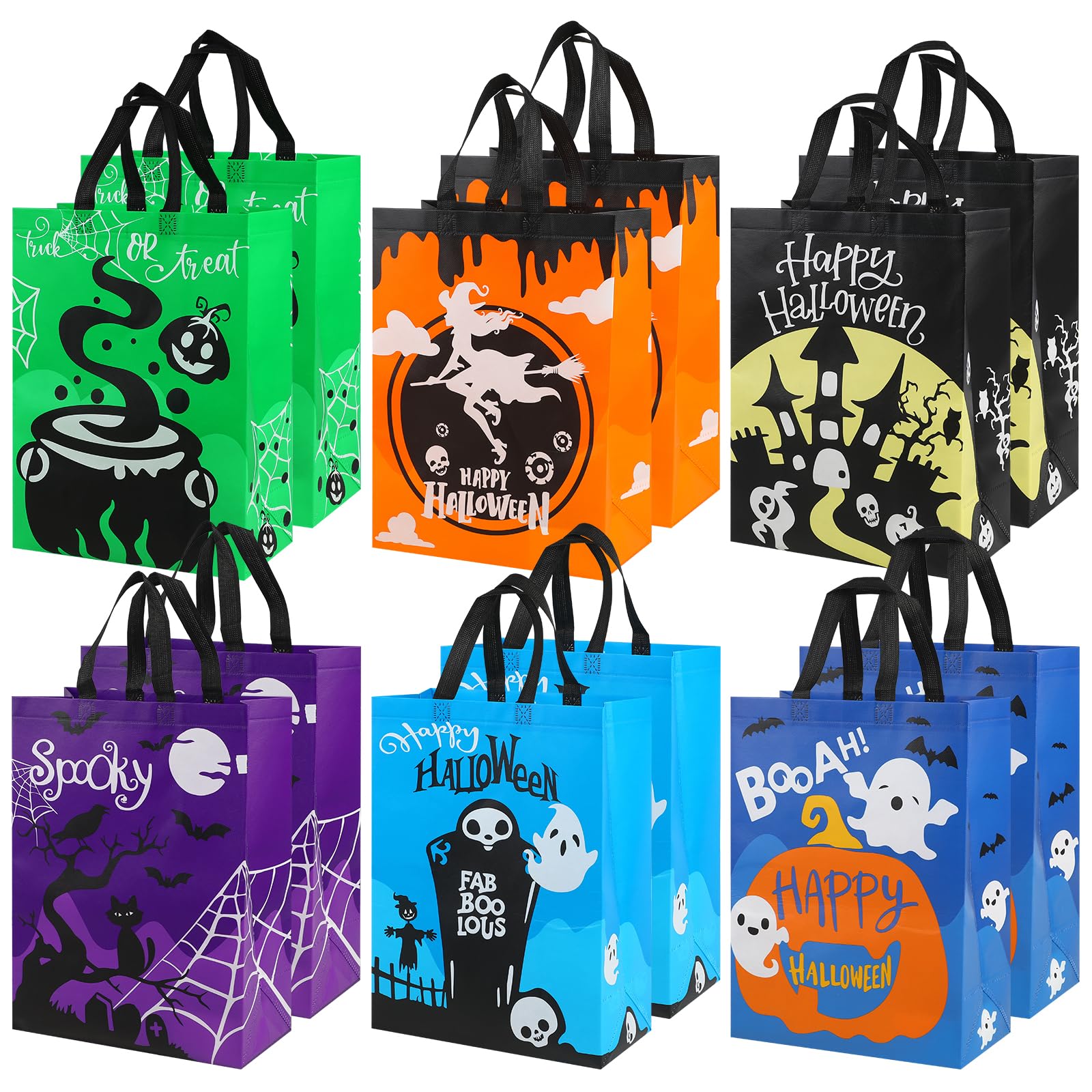 CCINEE 12PCS Halloween Non-Woven Bags with Handle，Large Size Reusable Halloween Trick or Treat Tote Bags Candy Bag Grocery Shopping Bags for Halloween Party Favors Supplies，15.7"×11.8"×5.9"