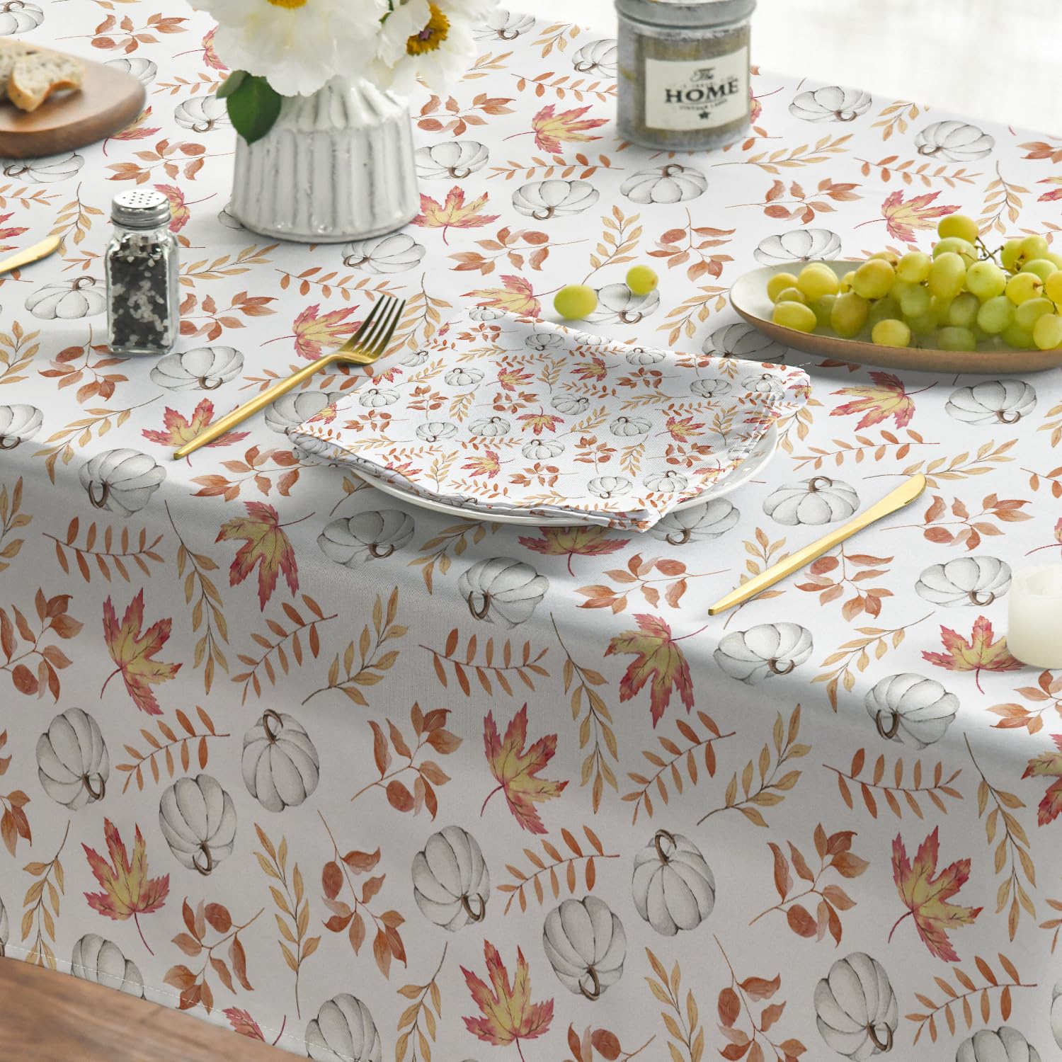 Horaldaily Fall Tablecloth 60x84 Inch, Thanksgiving Autumn Harvest White Pumpkin Orange Leaf Table Cover for Party Picnic Dinner Decor