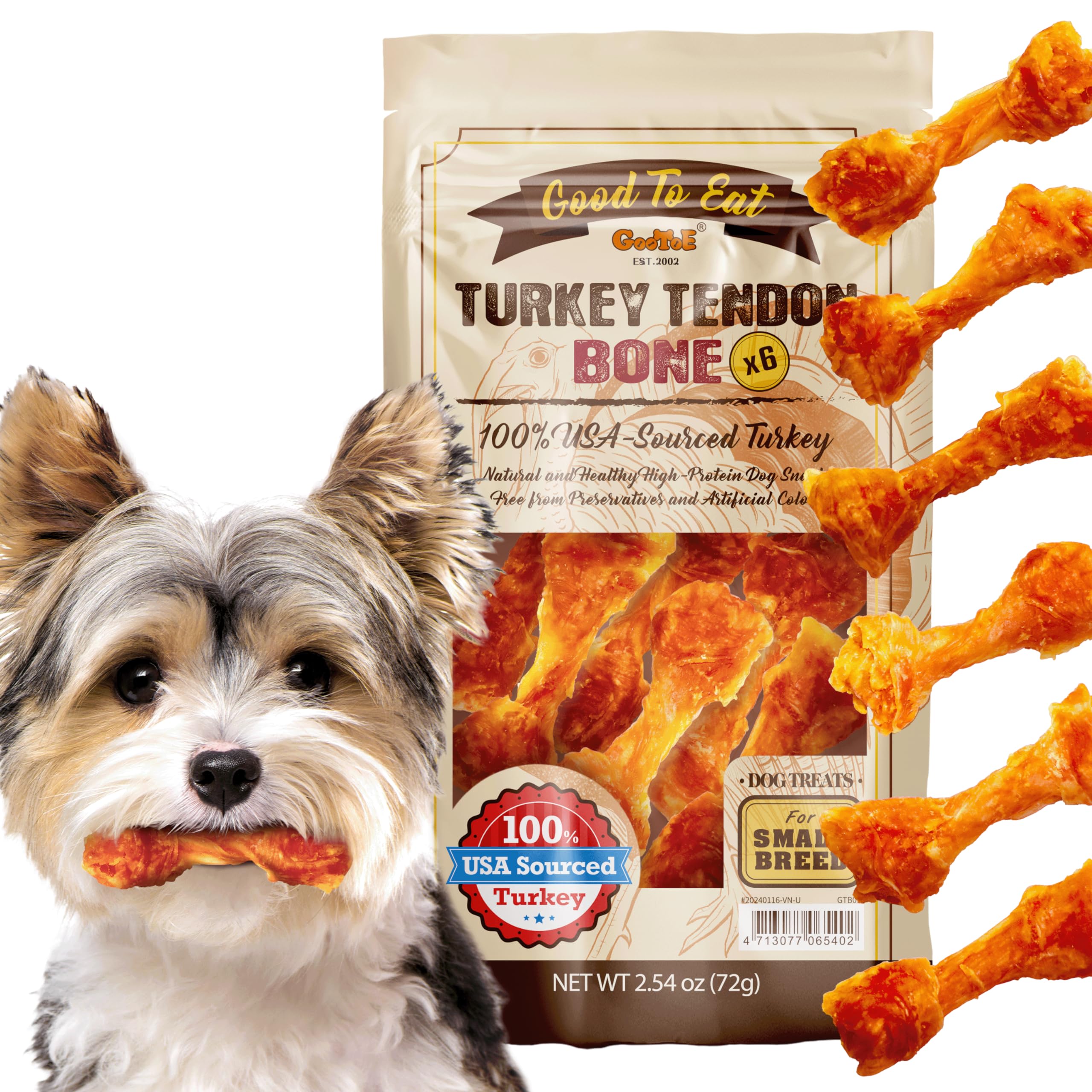 Gootoe Turkey Tendon Dog Treats – 100% USA-Sourced, Natural Snack, Premium Training Chews, Hypoallergenic, Reseal Value Bags, Size for Small Dogs, Bone (Small) 6 Unit/Pack