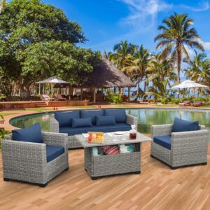 Rattaner 4 Pcs Outdoor Furniture Sets Patio Furniture Set Patio Couch Outdoor Chairs Storage Table with Anti-Slip Cushions and Waterproof Covers, Navy Blue