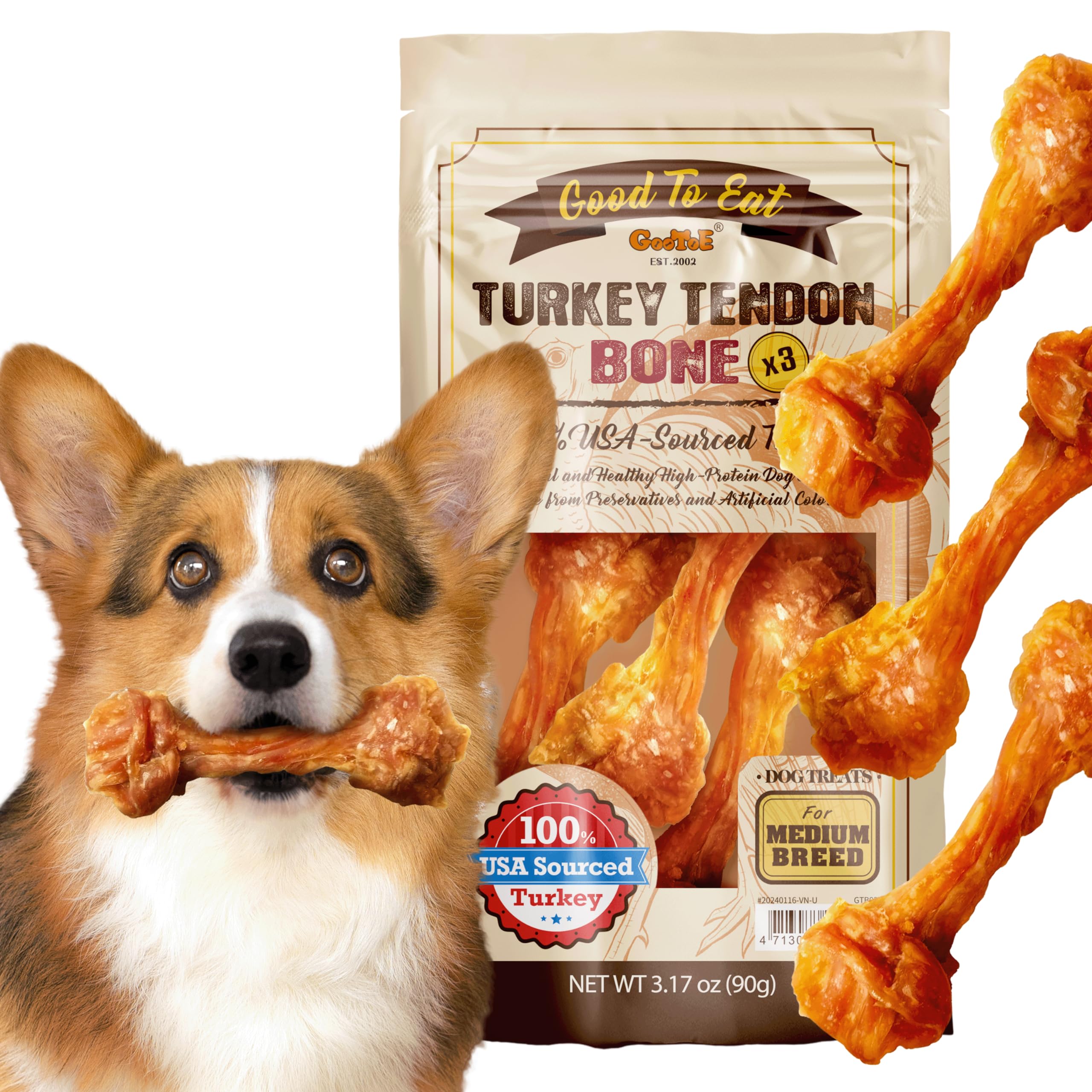 Gootoe Turkey Tendon Dog Treats – 100% USA-Sourced, Natural Snack, Premium Training Chews, Hypoallergenic, Reseal Value Bags, Size for Medium Dogs, Bone (Medium) 3 Unit/Pack