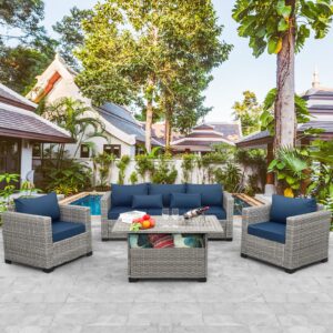 rattaner 4 pcs outdoor furniture sets patio furniture set patio couch outdoor chairs storage table with anti-slip cushions and waterproof covers, navy blue