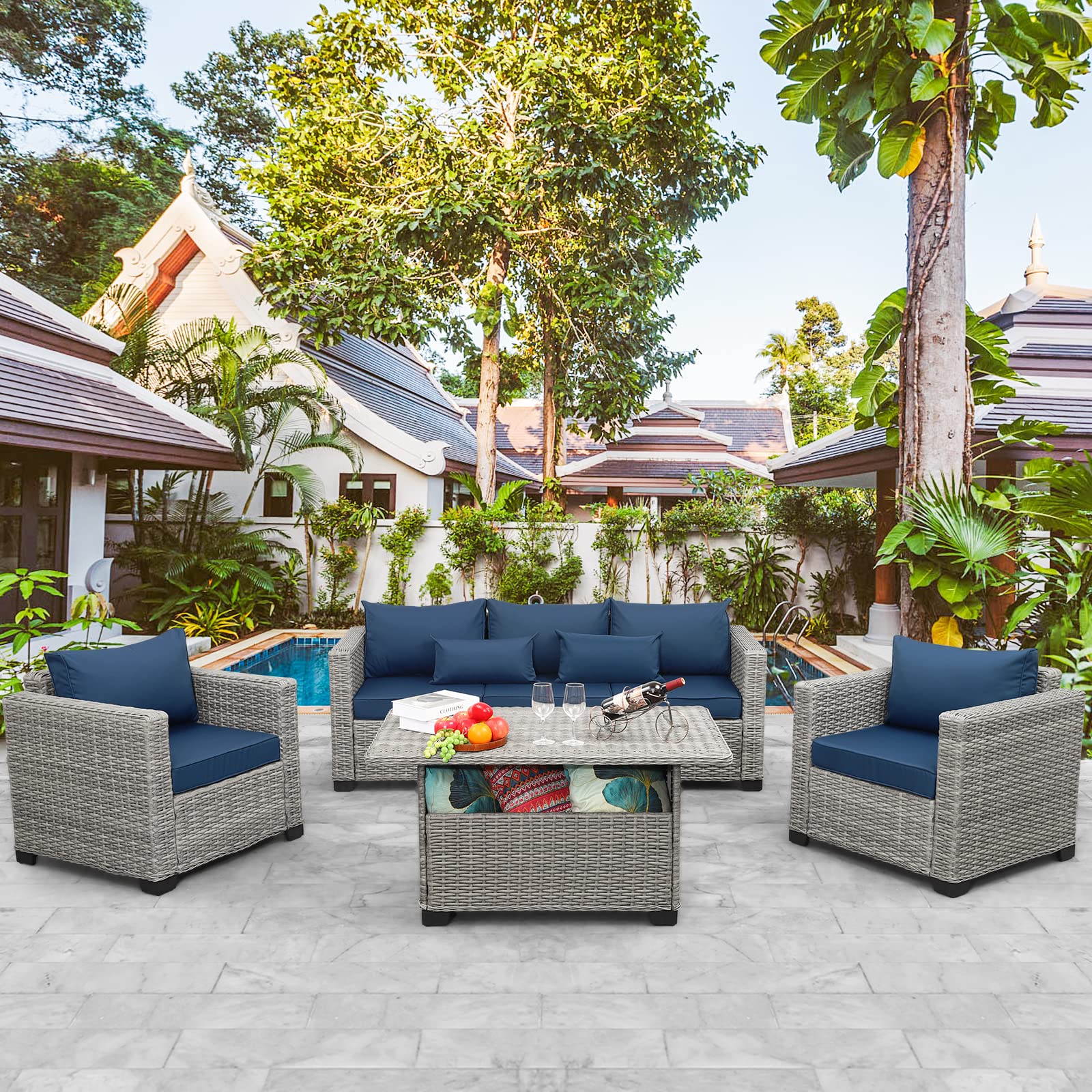 Rattaner 4 Pcs Outdoor Furniture Sets Patio Furniture Set Patio Couch Outdoor Chairs Storage Table with Anti-Slip Cushions and Waterproof Covers, Navy Blue