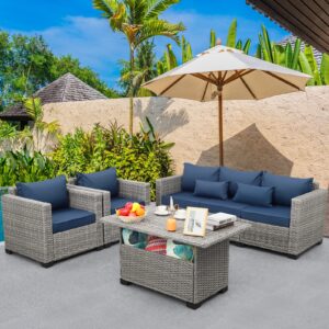 Rattaner 4 Pcs Outdoor Furniture Sets Patio Furniture Set Patio Couch Outdoor Chairs Storage Table with Anti-Slip Cushions and Waterproof Covers, Navy Blue