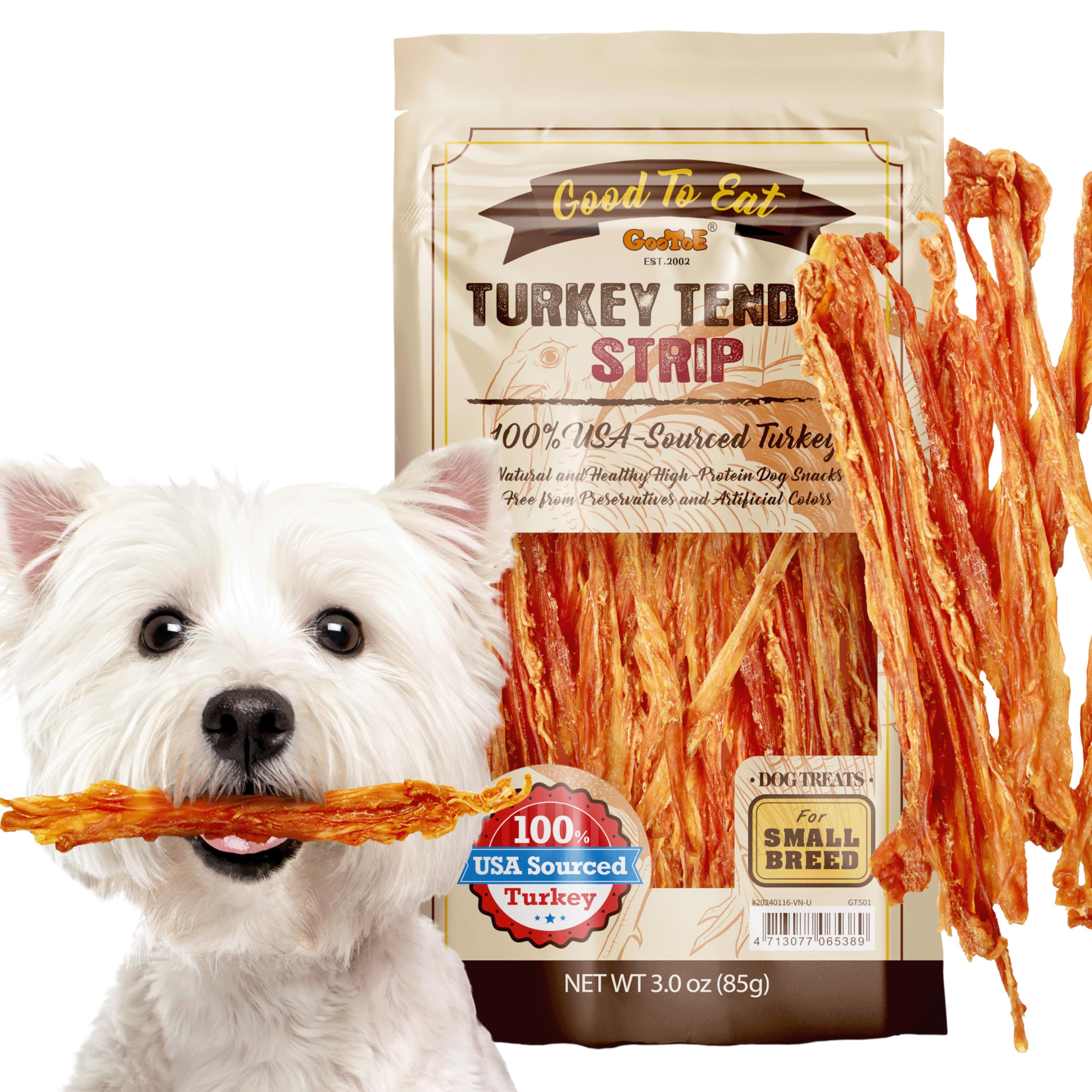 Gootoe Turkey Tendon Dog Treats – 100% USA-Sourced, Natural Snack, Premium Training Chews, Hypoallergenic, Reseal Value Bags, Size for Small Dogs, Strip (Small) 3oz/Pack