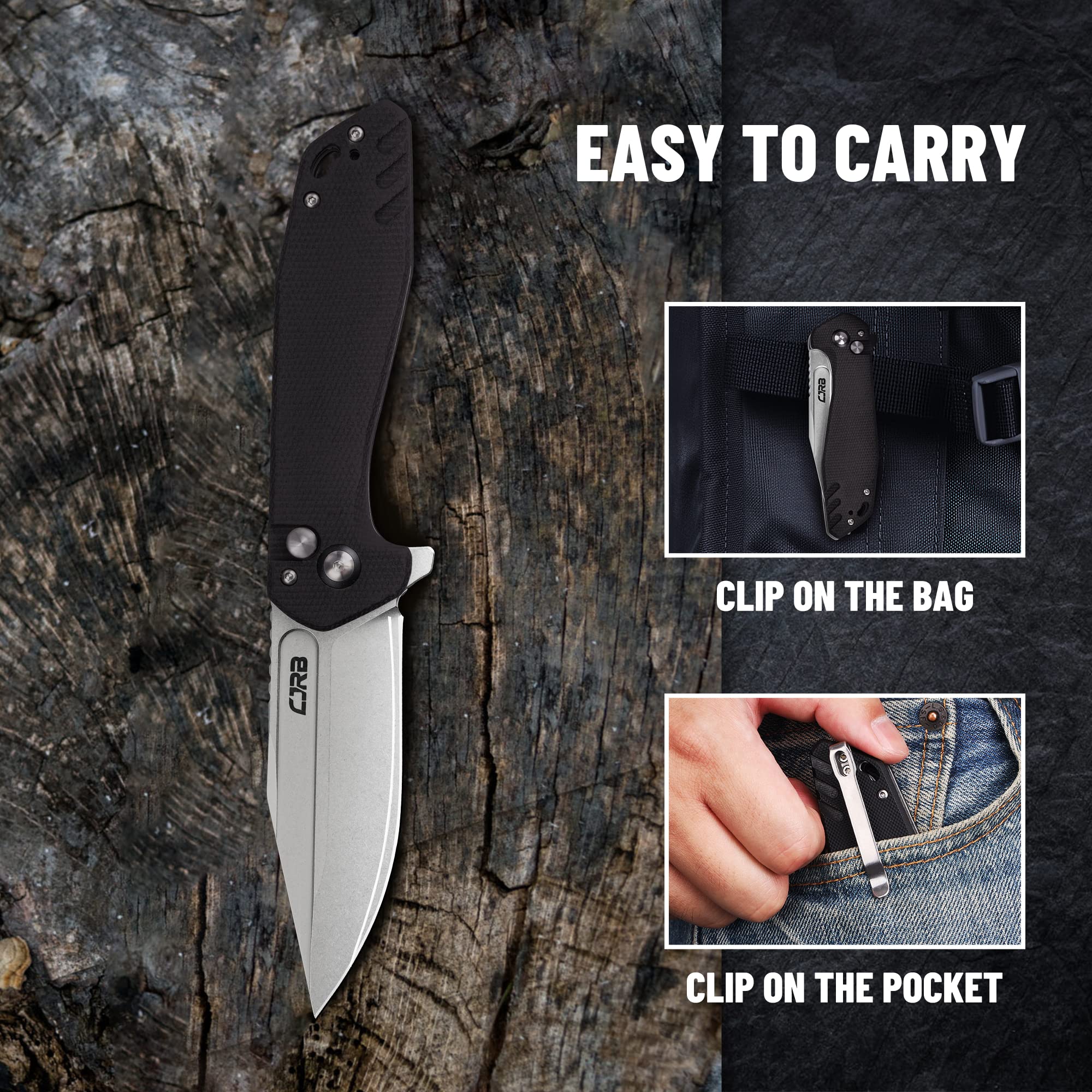 CJRB CUTLERY Folding Knife Riff (J1928) Button Lock Pocket Knife for Men AR-RPM9 Steel Blade and Black G10 Handle for Work Outdoor Hinking Camping