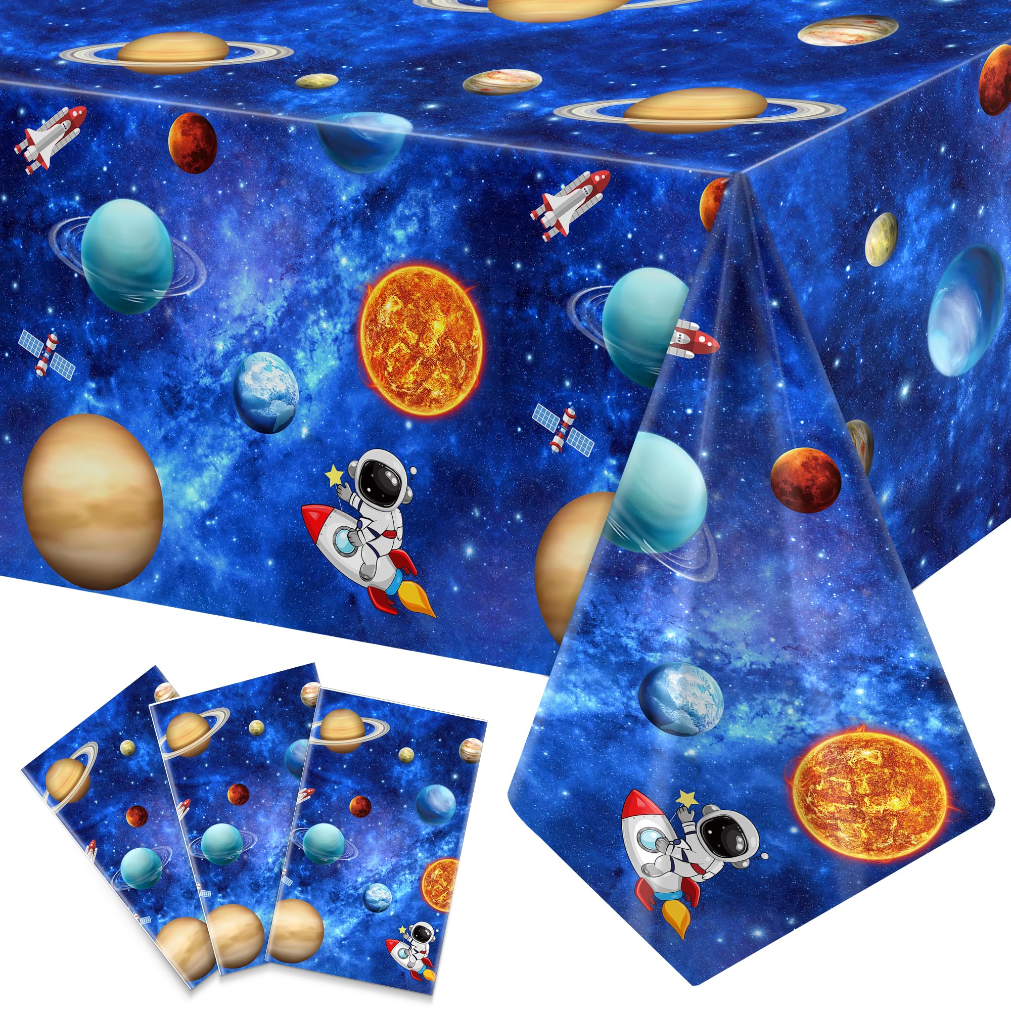 3 Pack Space Tablecloth Outer Space Themed Birthday Party Supplies Decorations First Trip Around The Sun Decorations Solar System Galaxy Planets Astronaut Party for Kids (54" X108")