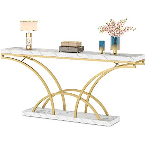 LITTLE TREE Faux Marble Console Sofa Table with Gold Half-Moon Legs,Mid-Century Modern Accent Tables for Entryway, Living Room