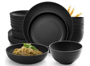 teivio 24-piece kitchen plastic wheat straw dinnerware set, service for 6, dinner plates, dessert plate, cereal bowls, pasta bowls, unbreakable outdoor camping dishes, black