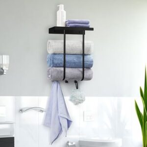 Towel Racks for Bathroom Wall Mounted, MOOACE 2 Bar Adhesive Rolled Towel Storage Holders with Metal Shelf,Metal Bathroom Organizer for Folded Towel - Black